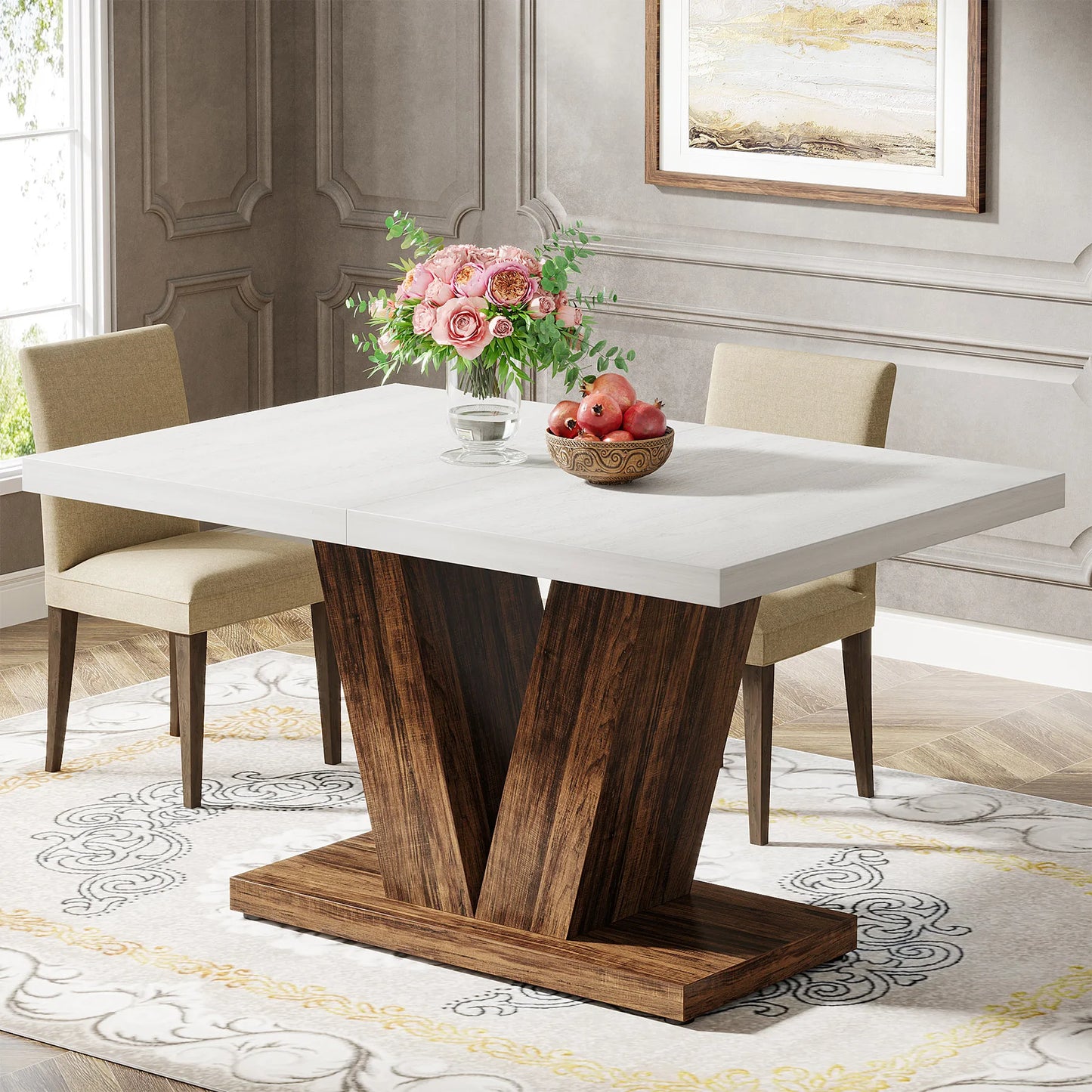 Tribesigns Farmhouse White Dining Table With Heavy Duty Pedestal