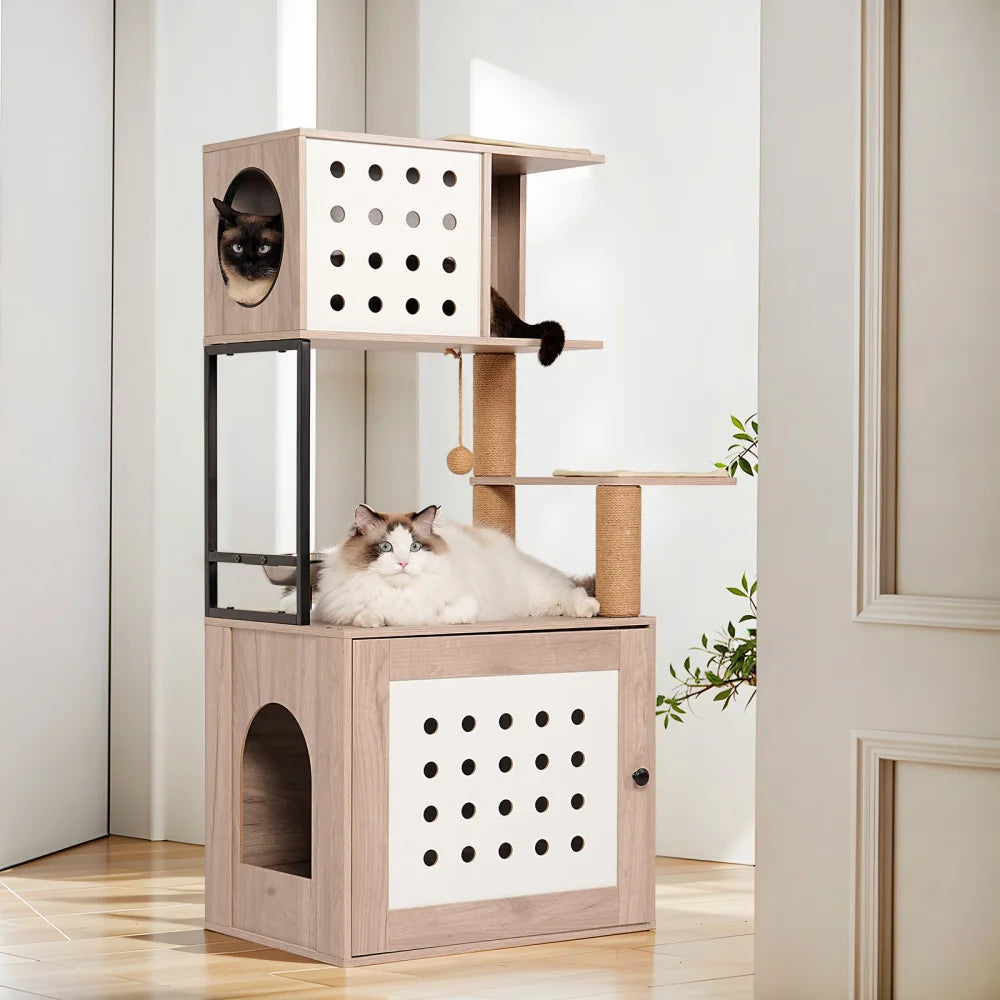 Cat Tree with Litter Box Enclosure, All-in-one Indoor Cat Tower with Hammock Bed Food Station Scratching Posts Pet Furniture
