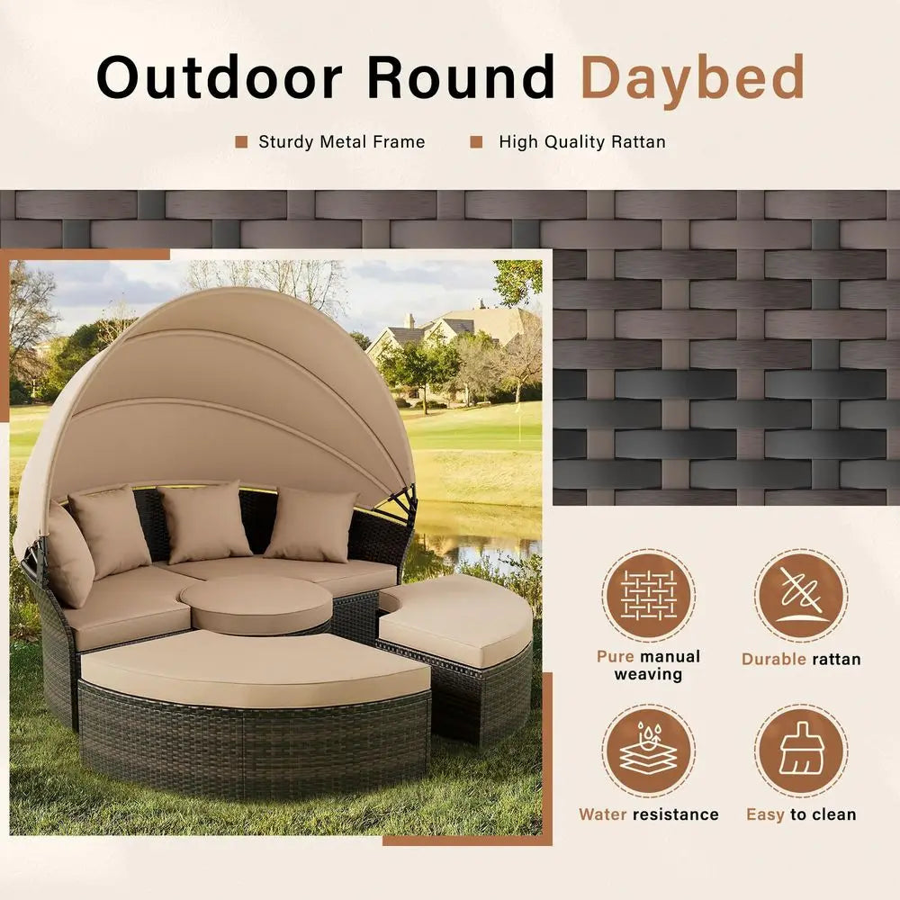 Round Patio Daybed with Retractable Canopy, Clamshell Wicker Sectional, Outdoor Wicker Furniture Daybed for Backyard, Poolside,