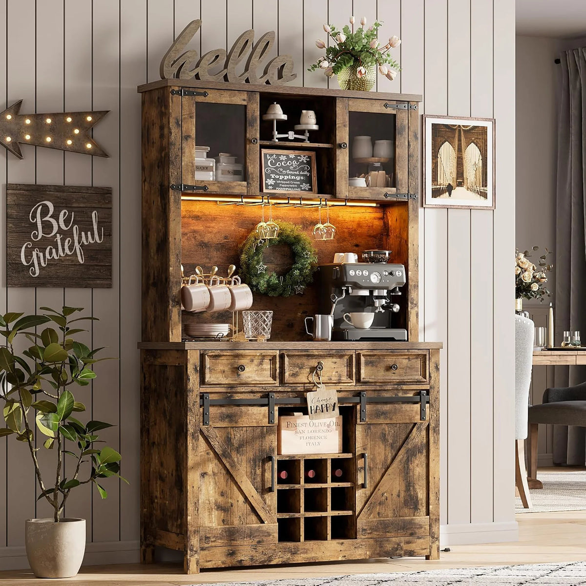 HiMISS Farmhouse Coffee Bar Cabinet With LED Lighting Wine Rack