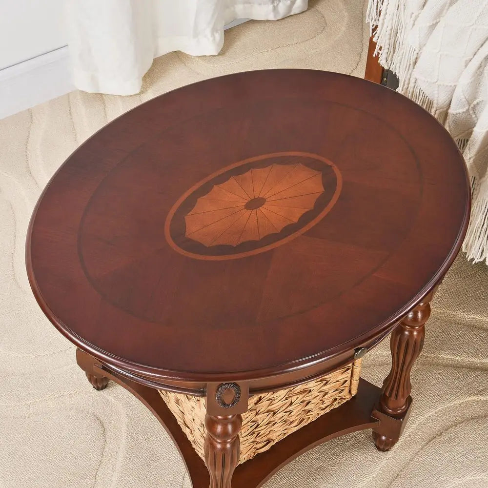 Wood End Table with Drawer, Oval Sofa Side Table, Storage Shelf, Living Room Corner Table, Nightstand, 24H Cherry Walnut CJZ153