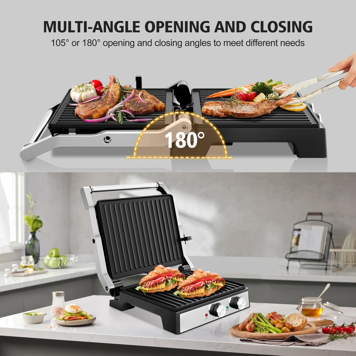 CACHOO 1500W Panini Press With Adjustable Temperature Stainless Steel