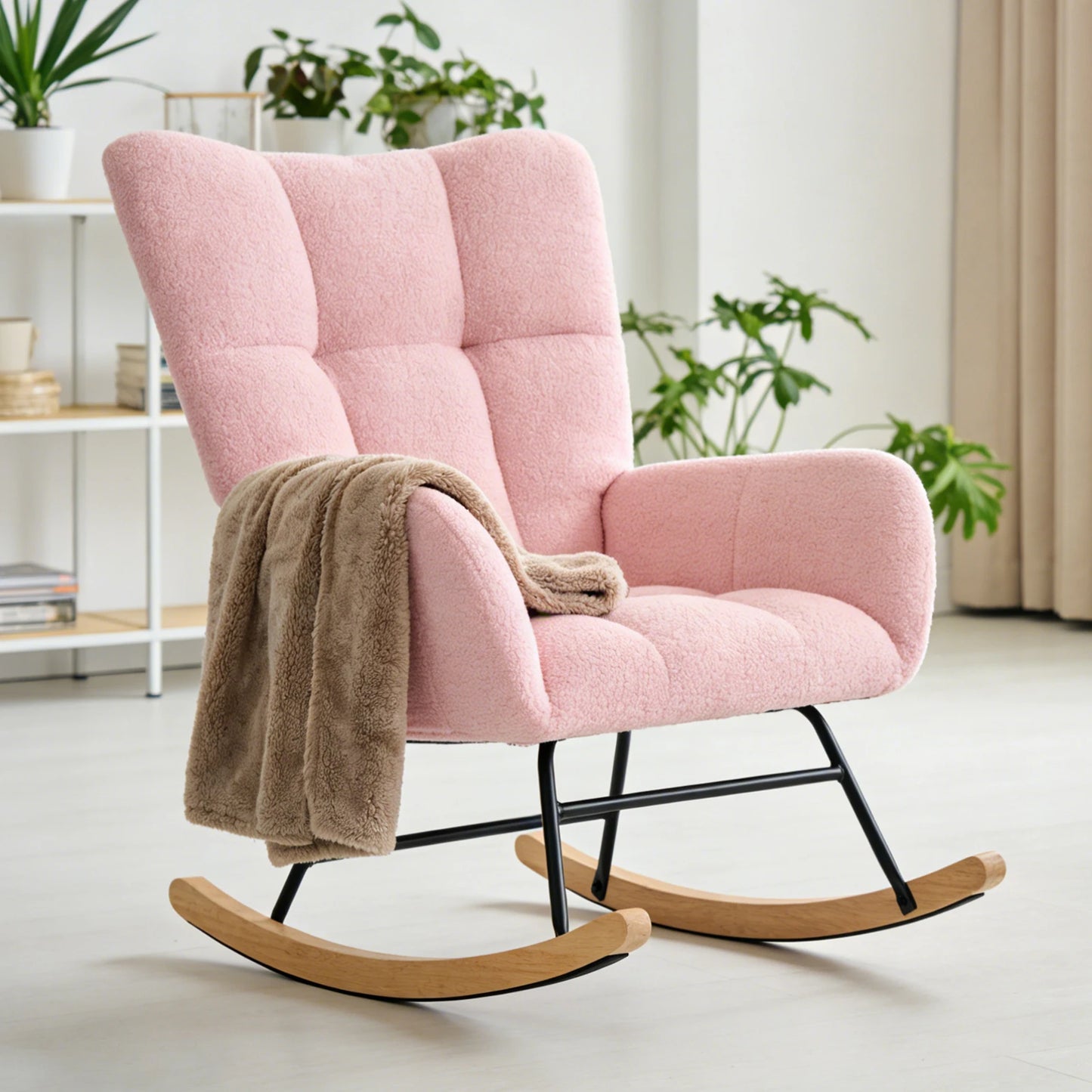 JHK Teddy Upholstered Saucer Rocking Chair with High Backrest Armchair Padded Seat Metal Frame Reading Chair for Living Room