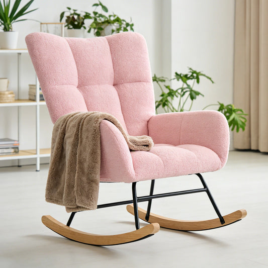 JHK Teddy Upholstered Saucer Rocking Chair with High Backrest Armchair Padded Seat Metal Frame Reading Chair for Living Room