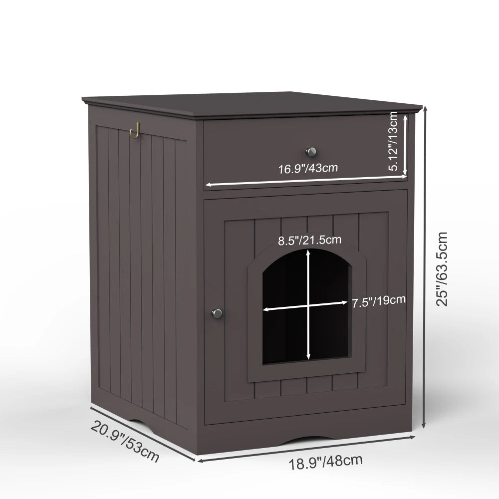 Wooden Cat Litter Box Enclosure and Indoor Pet House, Solid Wood White Cat Home with Drawer, Side Table and Nightstand Design, Furniture-Style Indoor Pet Crate and Hidden Litter Box Cabinet for Home Pet Areas, Living Rooms an