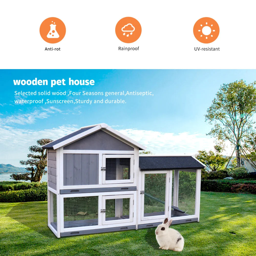 Wooden Outdoor Indoor Roof Waterproof Bunny Hutch Rabbit Cage Guinea Pig Coop PET House for Small To Medium Animals with Stairs