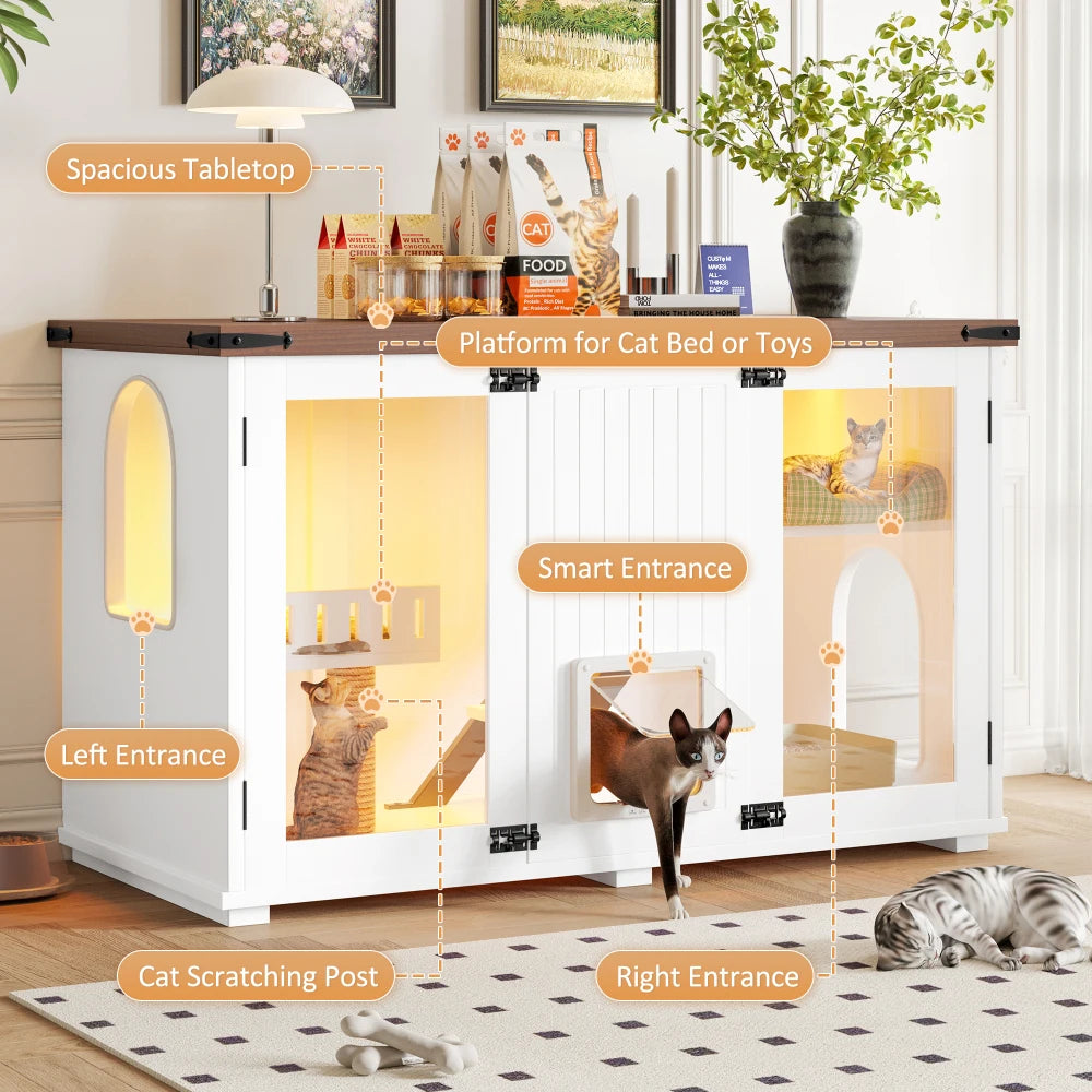 Large Cat Litter Box Enclosure with LED Light, Hidden Litter Box Furniture, Cat House with Stairs and Cat Scratching Post