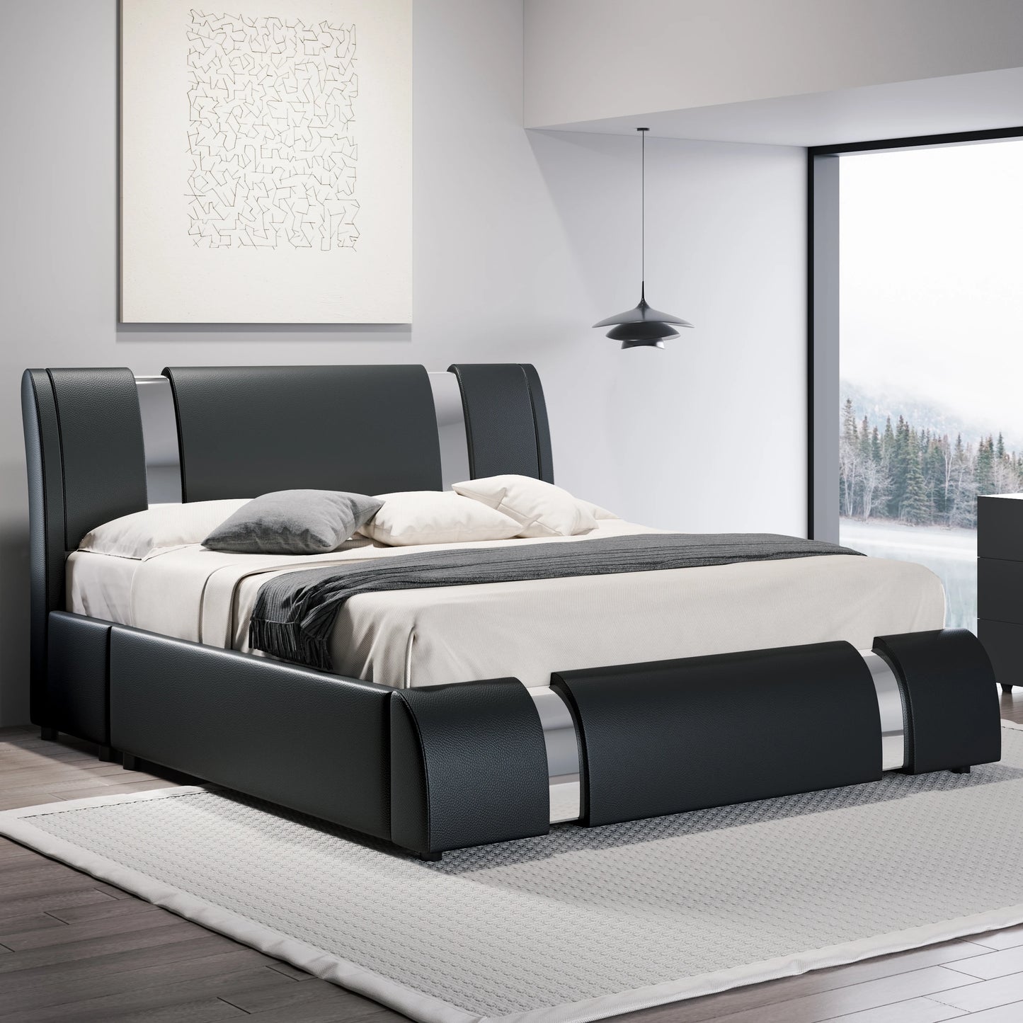 HOOMIC Modern Faux Leather Bed Frame Iron Decor Adjustable Headboard