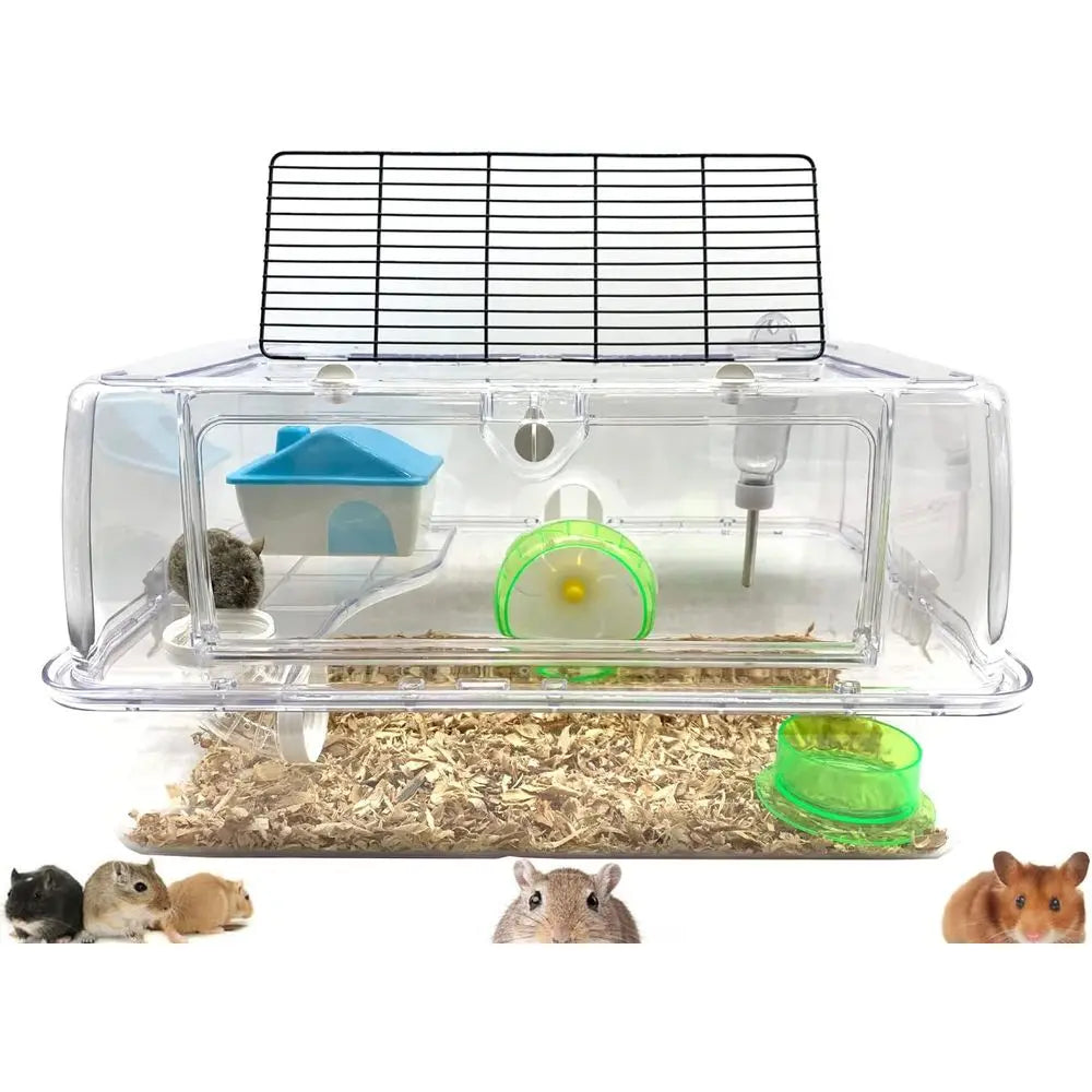 2-Tiers Acrylic Clear Easy Setup Deluxe House Habitat with Large Running Wheel, Water Bottle, Food Bowl, Hide House, Deep Base,