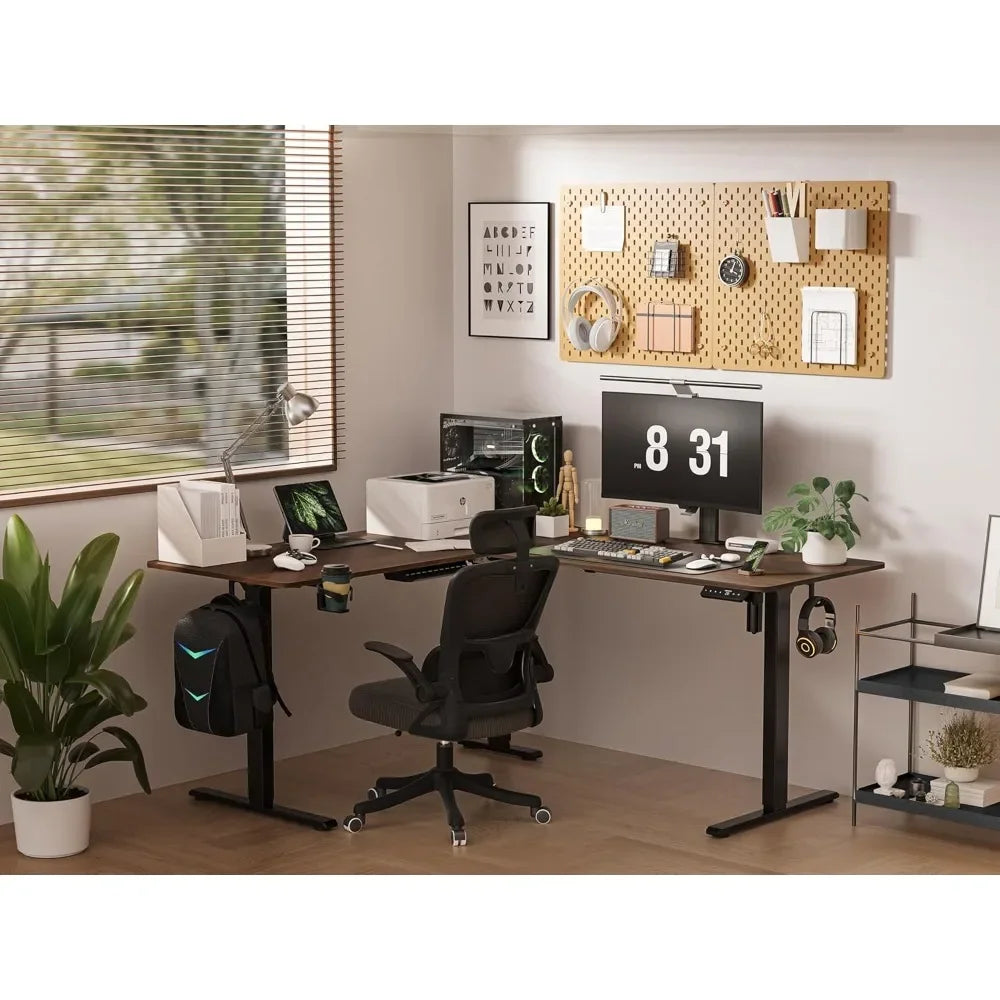63X55 Inches Reversible L Shaped Standing Desk Height Adjustable with Cup Holder, Electric Corner Computer Desk, Sit Stand up