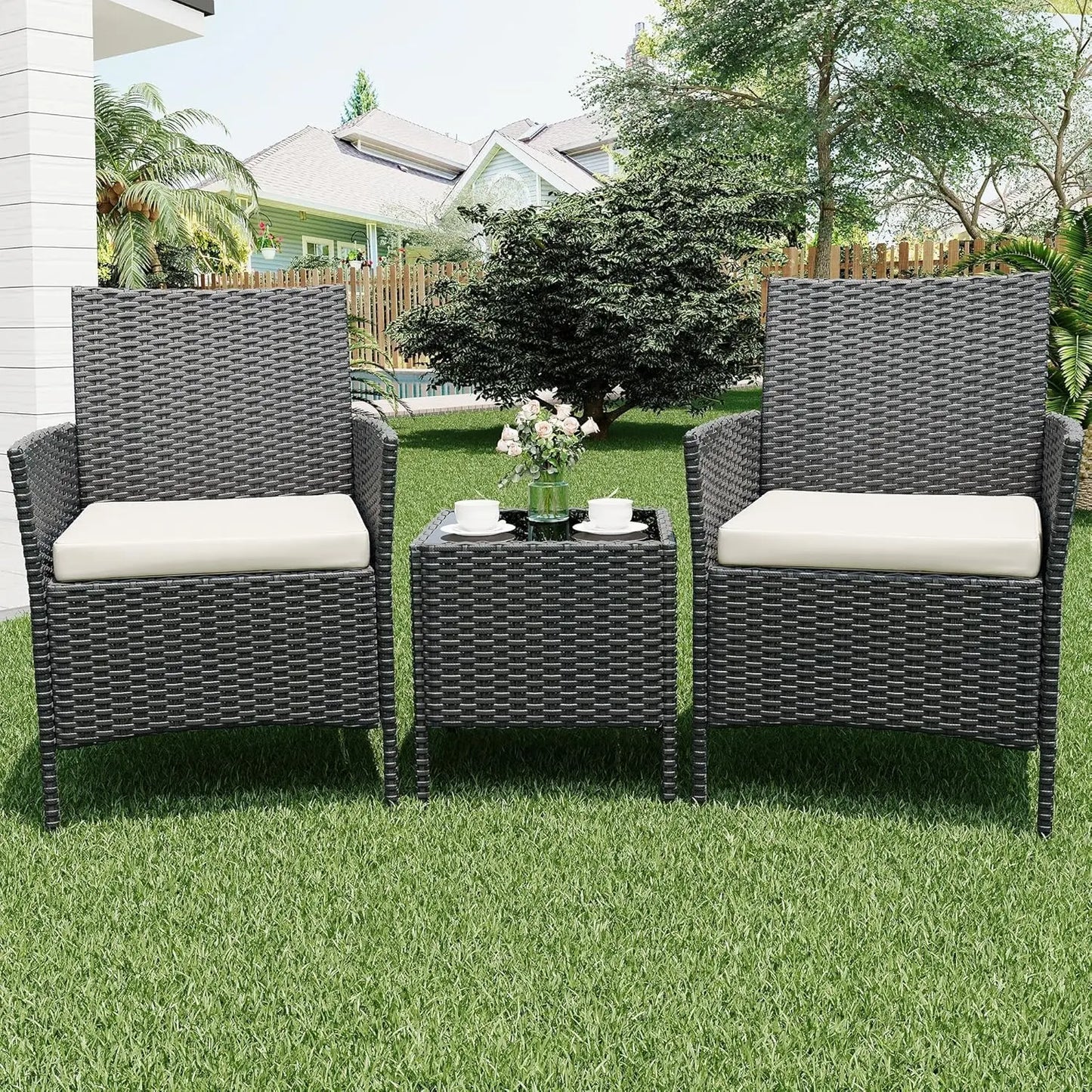 HiMISS All Weather 3 Piece Patio Set With Rattan Chairs