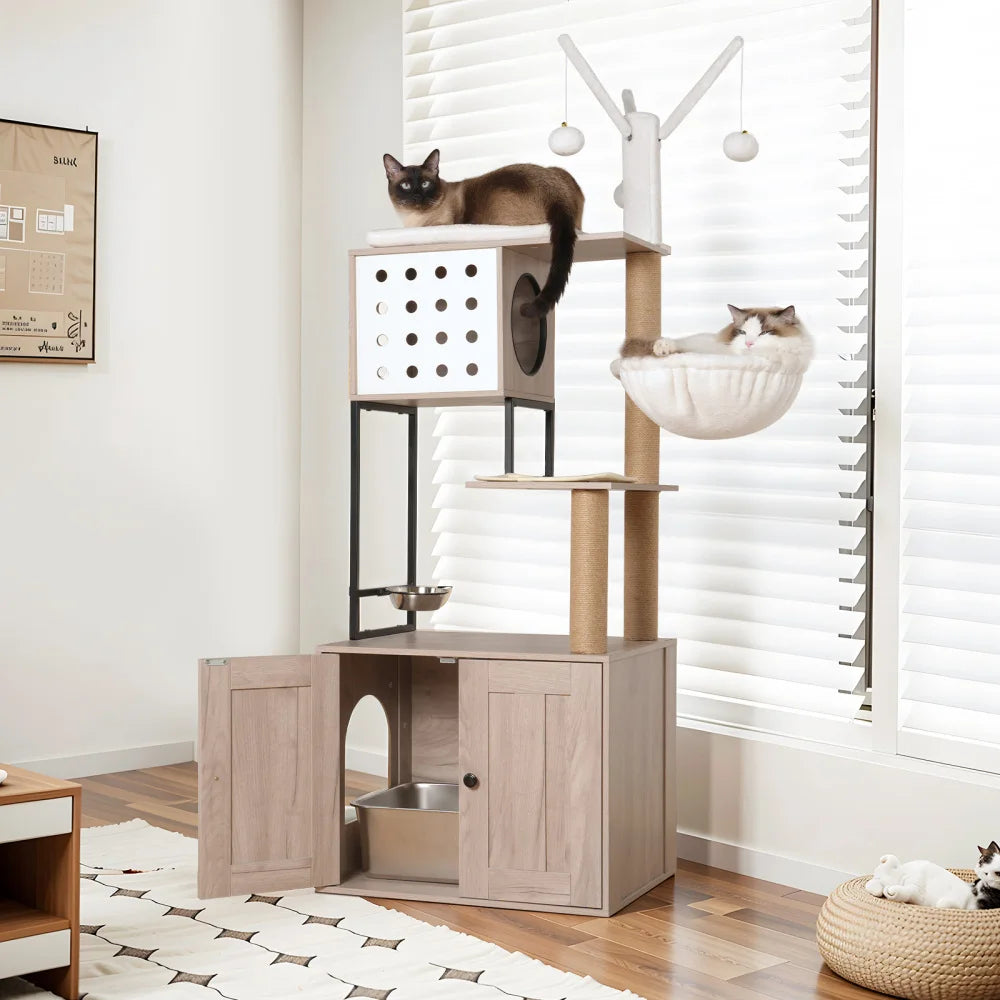 Cat Tree with Litter Box Enclosure, All-in-one Indoor Cat Tower with Hammock Bed Food Station Scratching Posts Pet Furniture