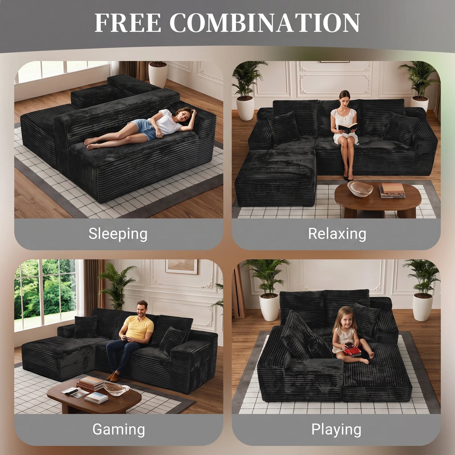L-Shaped Corduroy Recliner Sofa With Chaise Deep Seat Modular Sectional