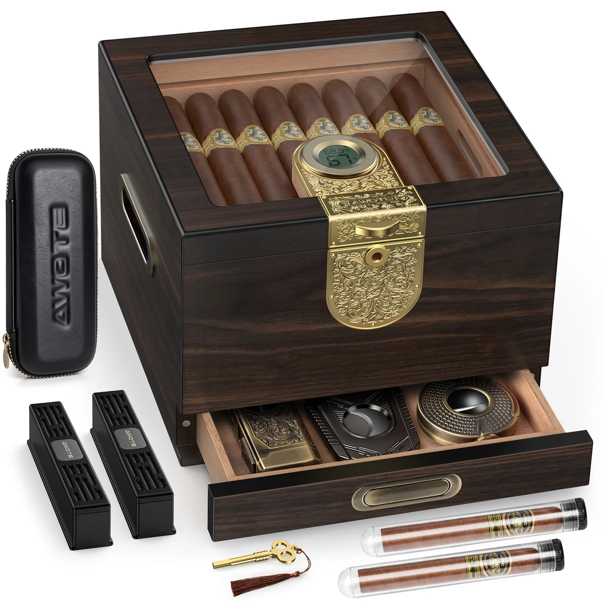 Premium Cedar Wood Cigar Humidor Gift Set With Hygrometer