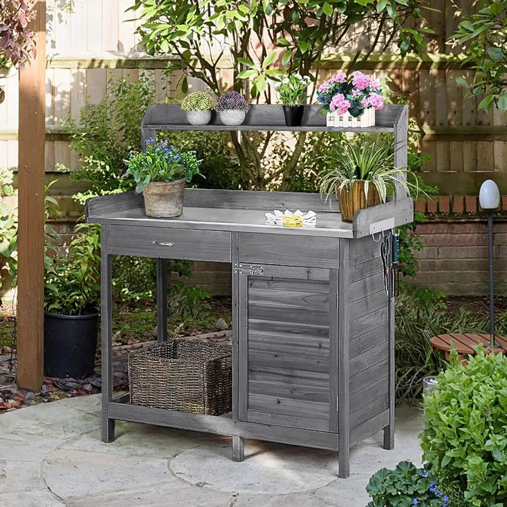 Gray Outdoor Garden Workstation with Metal Table, Cabinet, Open Top, Lower Shelf, and Hooks