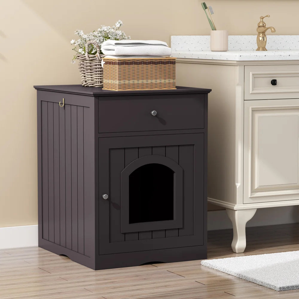 Wooden Cat Litter Box Enclosure and Indoor Pet House, Solid Wood White Cat Home with Drawer, Side Table and Nightstand Design, Furniture-Style Indoor Pet Crate and Hidden Litter Box Cabinet for Home Pet Areas, Living Rooms an