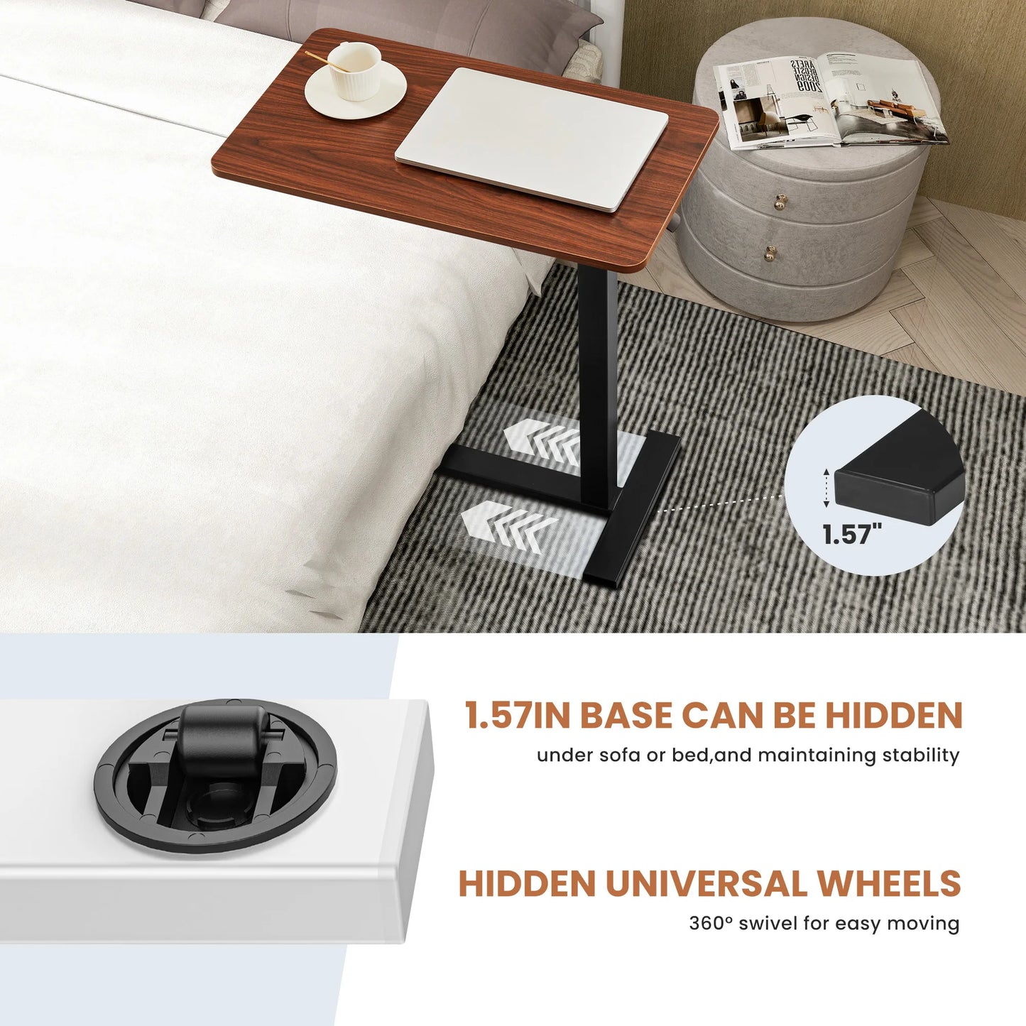 JHK Sofa Table with Hidden Wheels Overbed Bedside Adjustable Height Home Use Bed Table Laptop Mobile Standing Desk For Bedroom