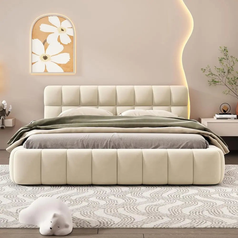 Queen Size Upholstered Platform Bed with Thick Fabric and Solid Wood, Suitable for Kids and Adults Bedroom Furniture (Beige/Grou