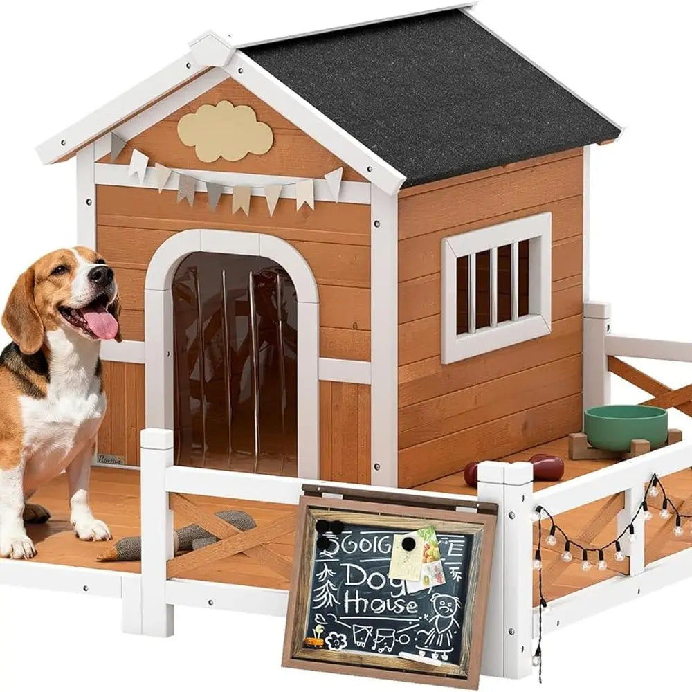 Outdoor Wooden Dog House With Porch And Weatherproof Openable Roof