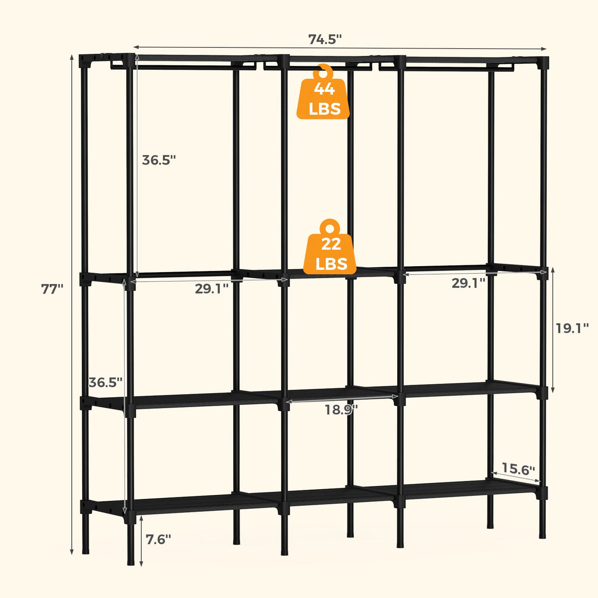JHK Portable Three Row Wardrobe With Hanging Rods And Shelves