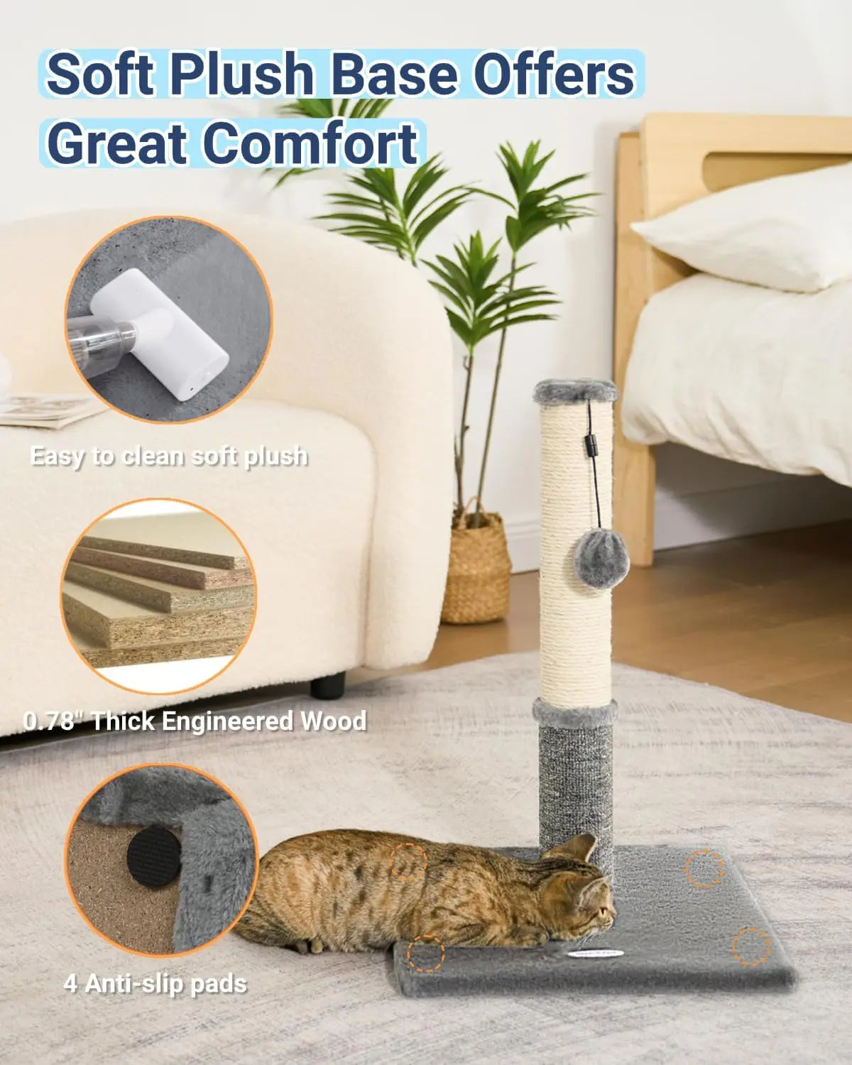 Cat Scratching Post for Indoor Cats, Sisal and Carpet Dual-Surface Scratcher with Replaceable Toy, Light Gray