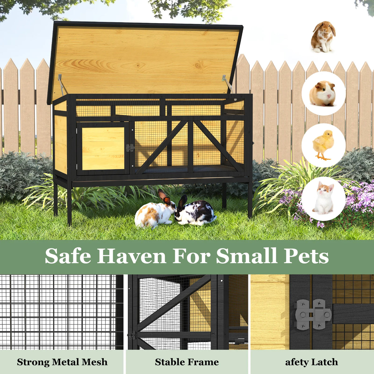 46.7" Rabbit Cage Indoor Outdoor, Elevated Wooden Bunny Hutch with Removable Tray, Waterproof Asphalt Roof & Bottom Wire Mesh for Small Animals