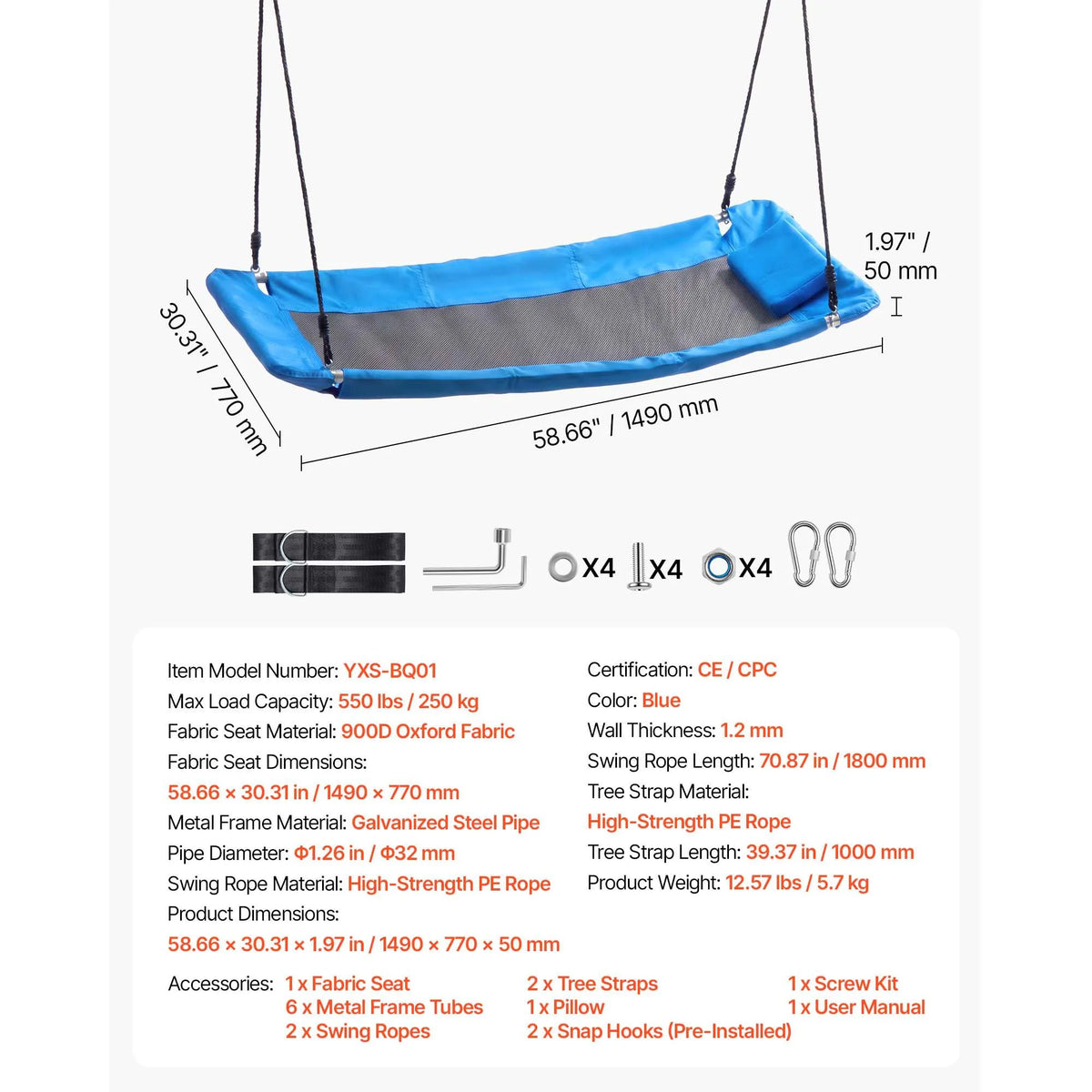 SucceBuy Tree Swing, 40In Saucer Swing 750lbs Capacity 900D Oxford Fabric Swing Seat with 2 Hanging Straps for Kids Outdoor Blue