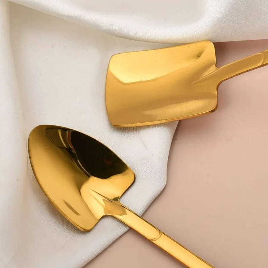 Golden Shovel Spoons for Desserts Coffee Tea Grapefruit Spoons Set of 2 Flat Watermelon Ice Cream Spoons Gold Color Luxury Kitc