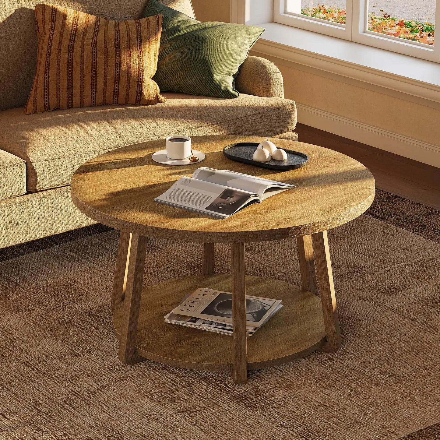 Tribesigns Round Coffee Table, 2-Tier Center Table with Storage, Wooden Legs, for Living Room, Bedroom, Easy Assembly