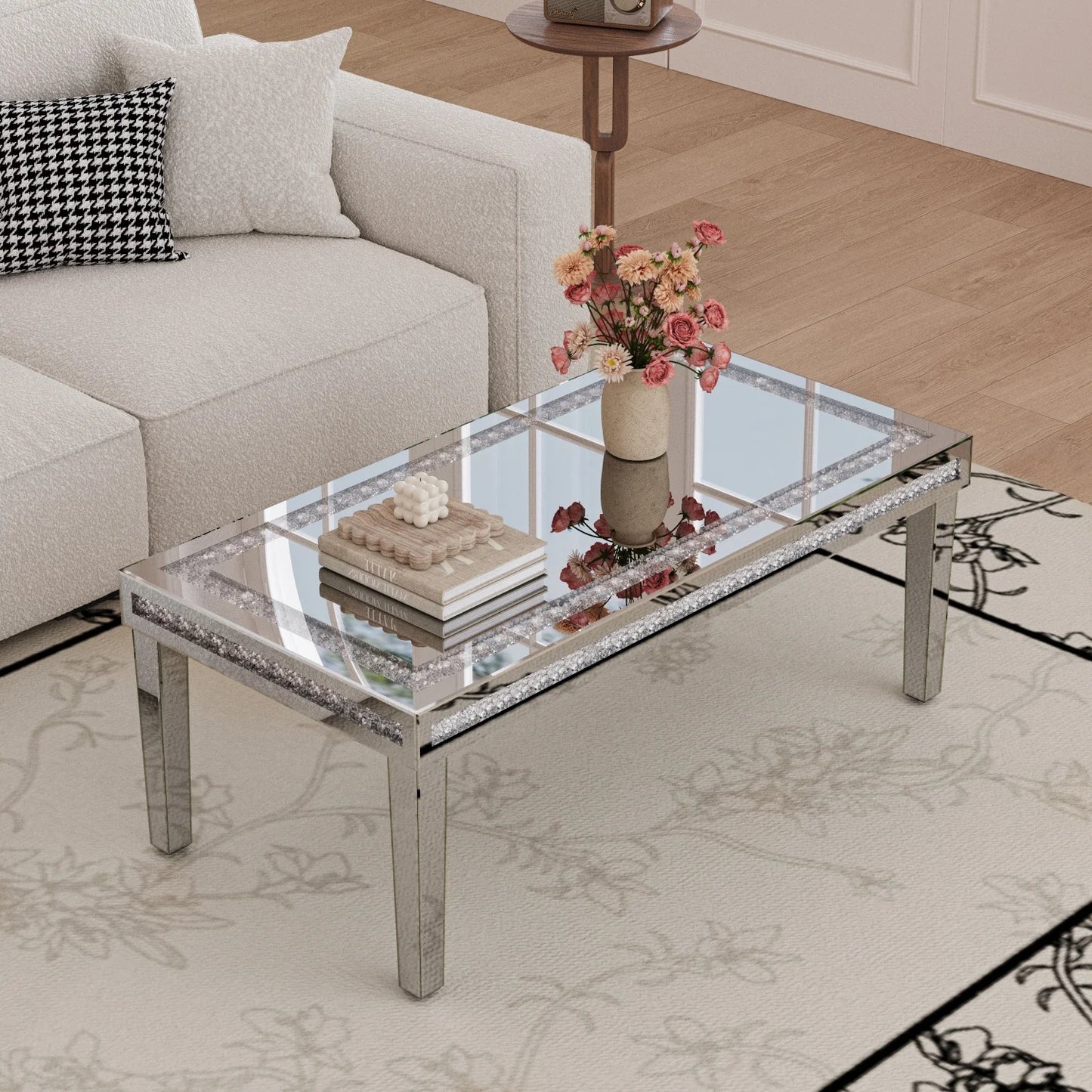 Modern Rectangular Mirrored Coffee Table With Crystal Diamond Inlay Accent
