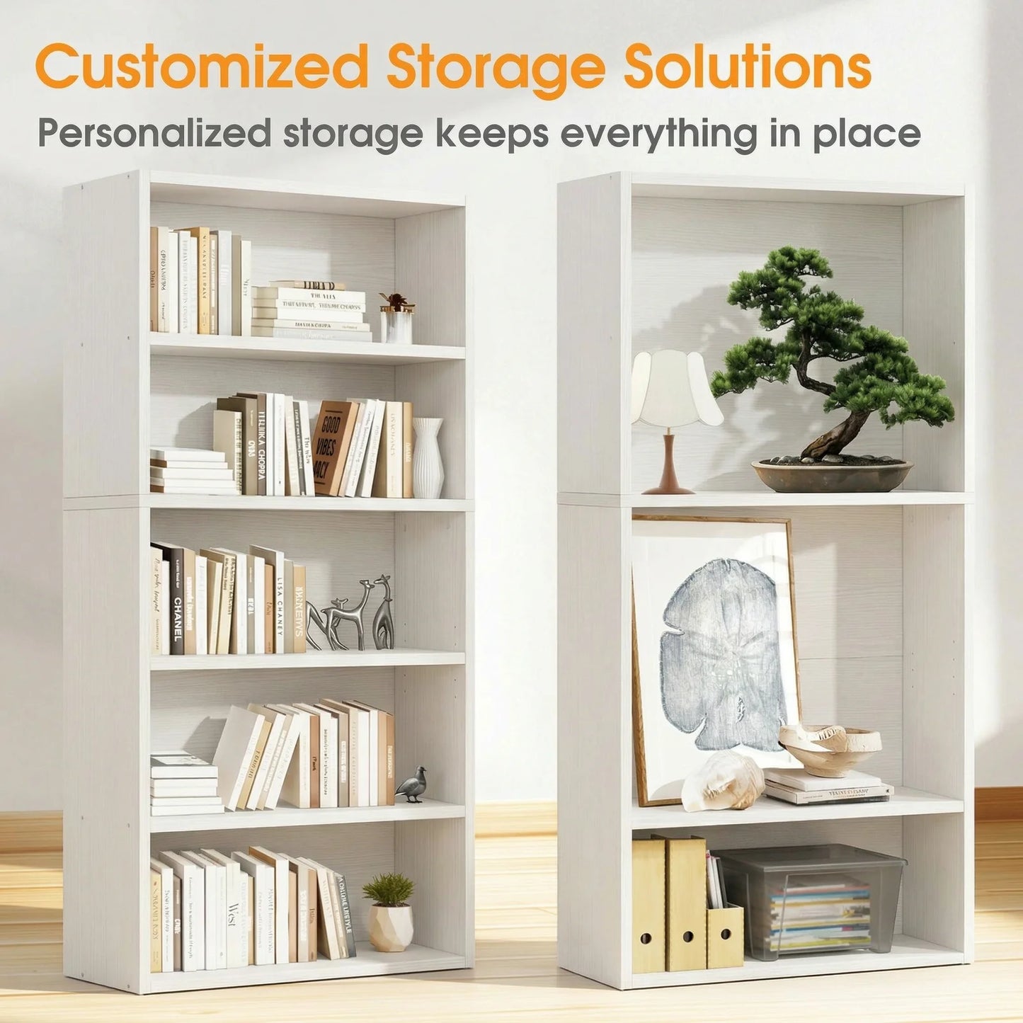 MCQ Five Tier Wooden Bookshelf With Adjustable Storage Shelves