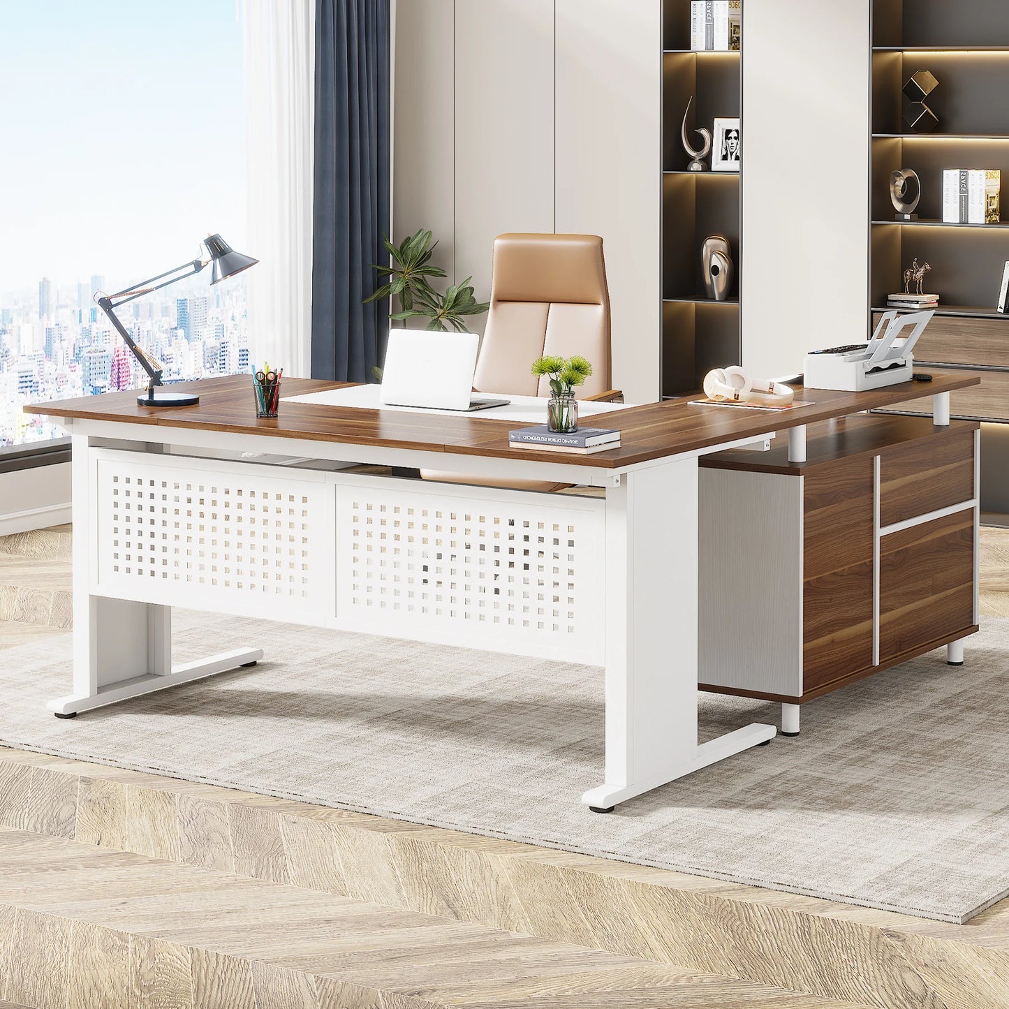 Tribesigns 63 Inch Executive Desk with File Cabinet, Large Office Desk L Shaped Computer Desk with Drawers and Storage Shelves