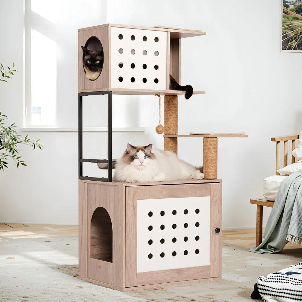 Cat Tree with Litter Box Enclosure, All-in-one Indoor Cat Tower with Hammock Bed Food Station Scratching Posts Pet Furniture