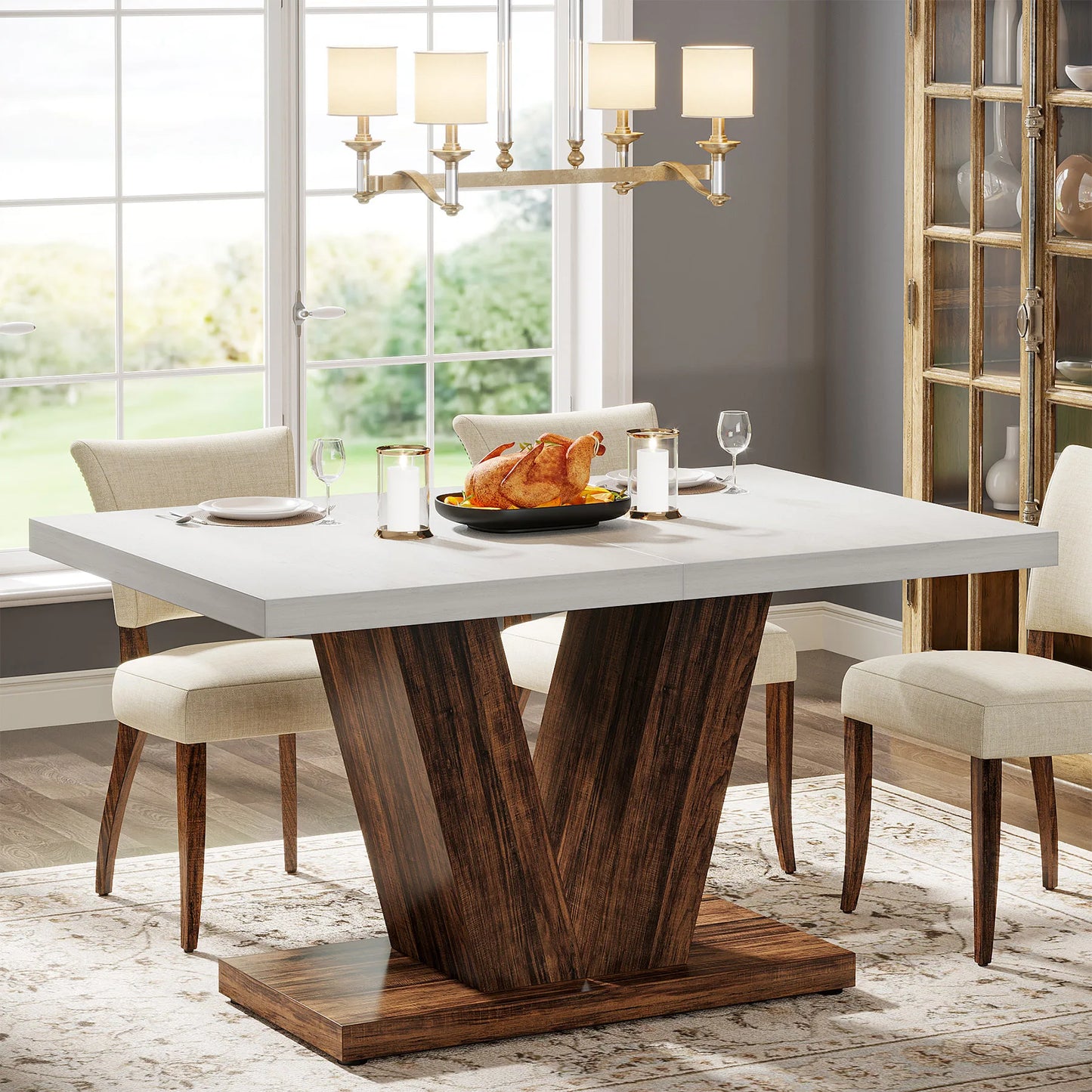 Tribesigns 47-Inch Dining Table for 4-6, White Kitchen Dinner Table with Heavy Duty Pedestal, Farmhouse Wooden Eating Table