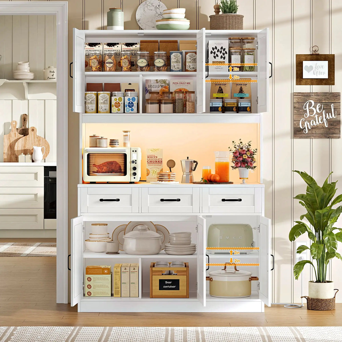 72" Tall Kitchen Pantry Storage Cabinet with RGB LED, Hutch Cabinet with Charging Station and Adjustable Shelves for Dining Room, White