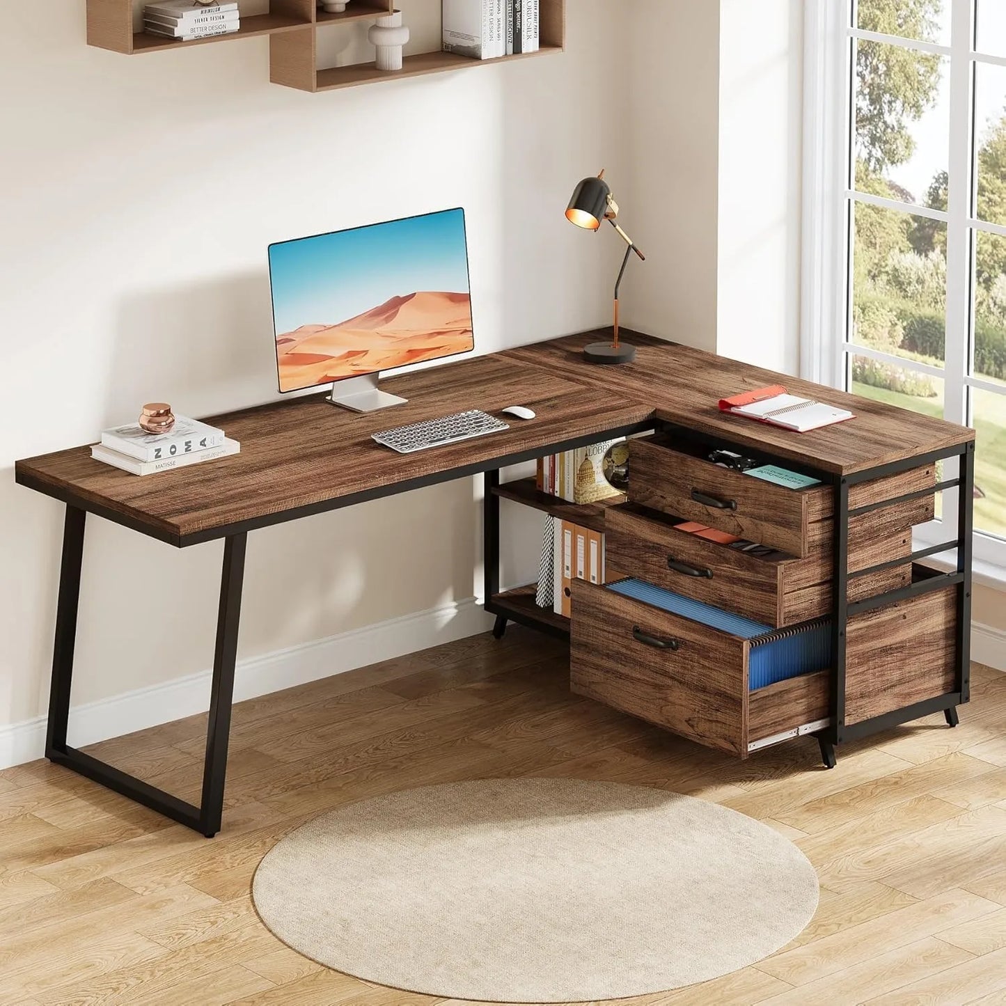 Little Tree L Shaped Office Desk With 3 File Drawers And 2 Storage Shelves