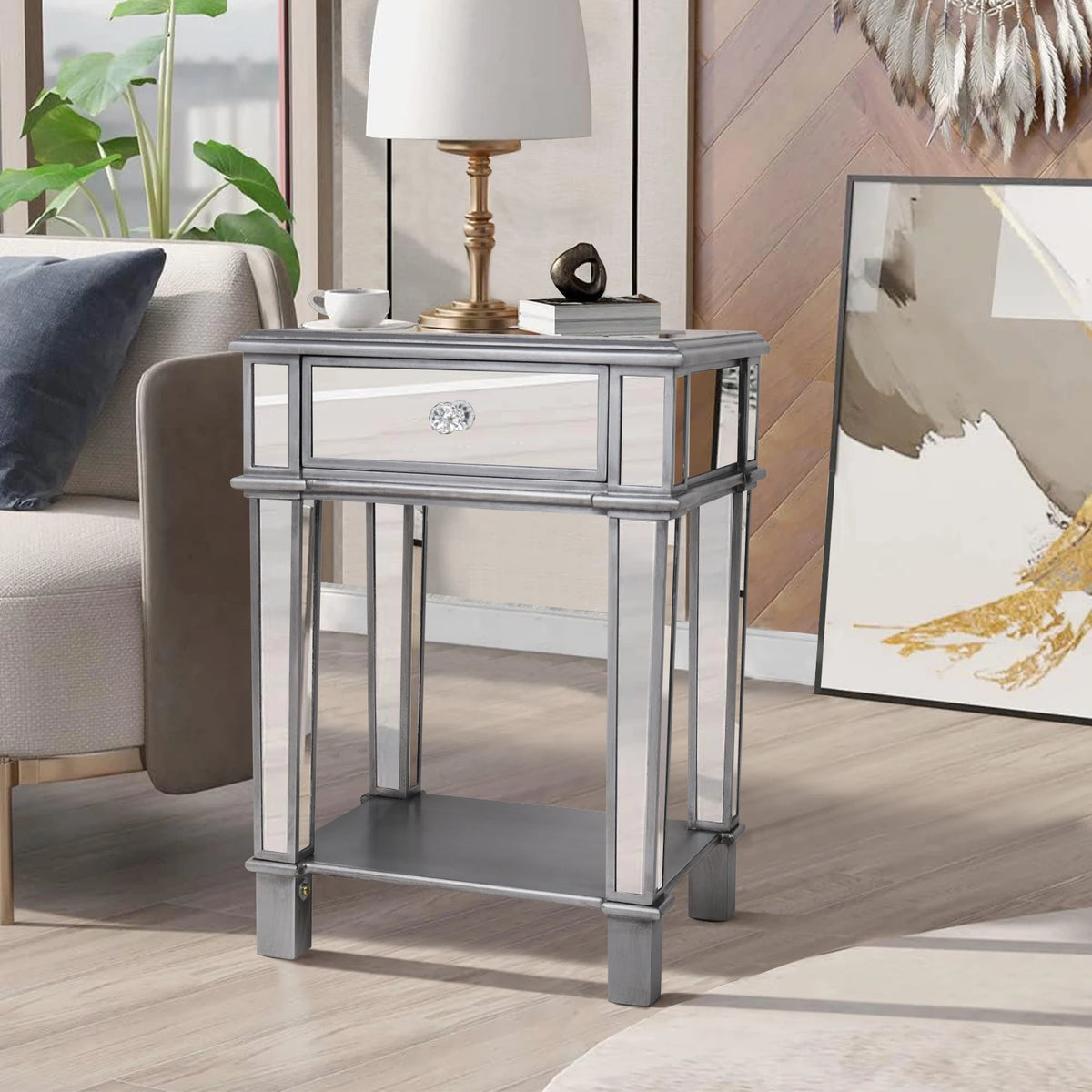 Mirrored Modern Nightstand With Drawer Glass Bedside Table