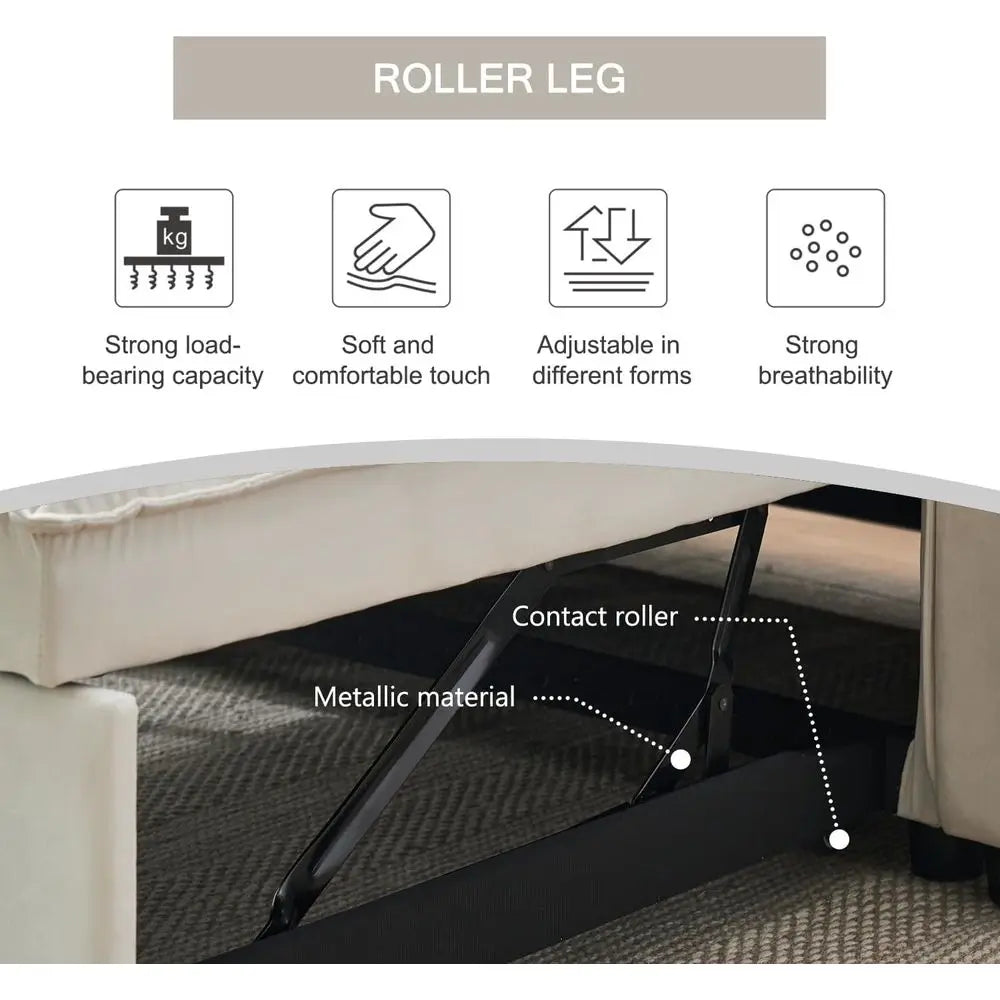 Convertible Sleeper Sofa Bed with Velvet Loveseat, Storage and 2 Pillows for Small Spaces, Cream