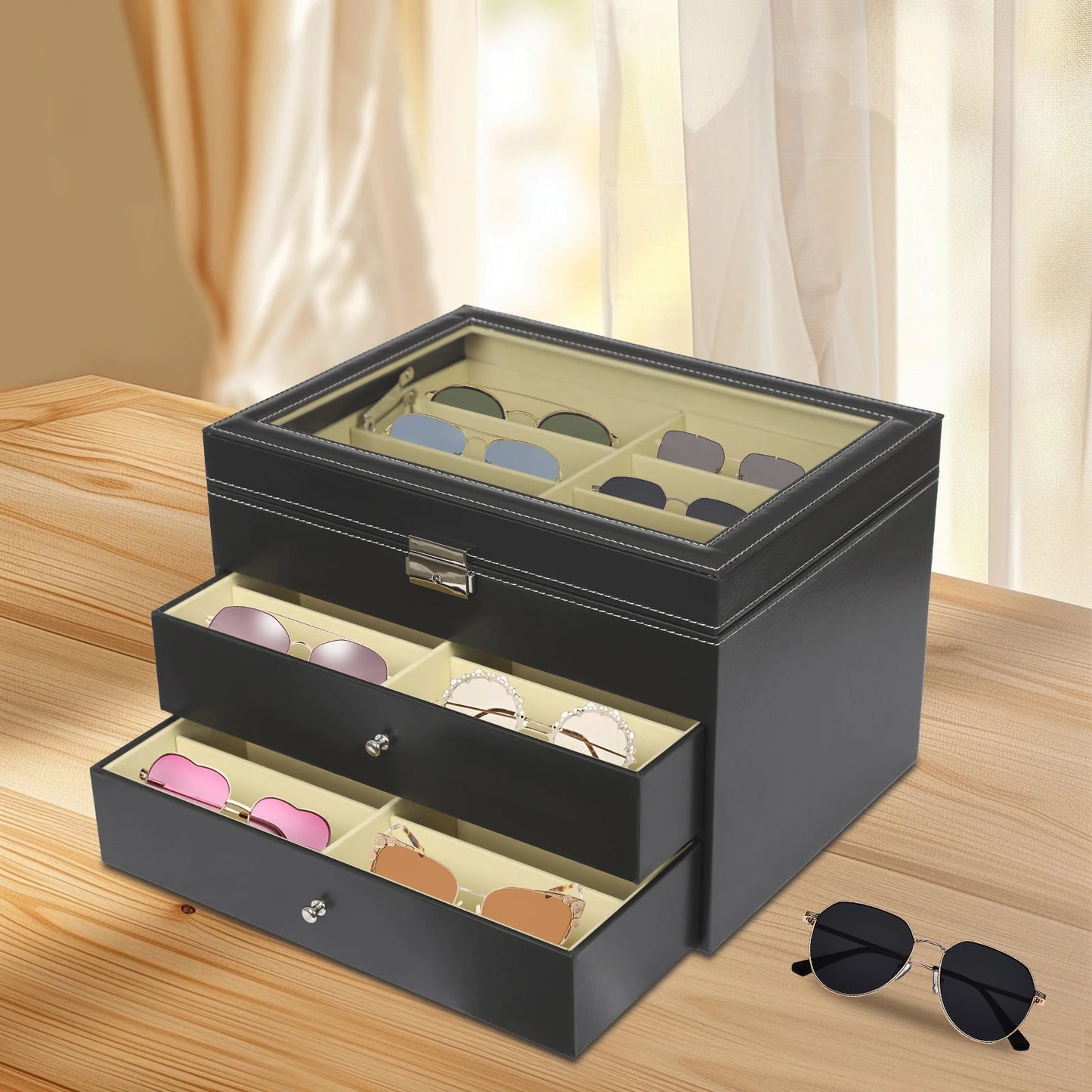 3 Layer Leather Sunglass Organizer Box Drawer Holds 24 Sunglasses