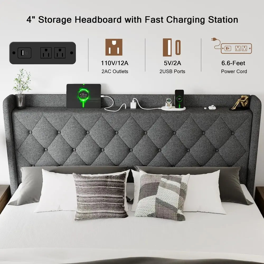 Queen Size Lift Up Storage Bed Frame with Charging Station, Upholstered Bed Frame with Storage, No Box Spring Needed, NoiseFree