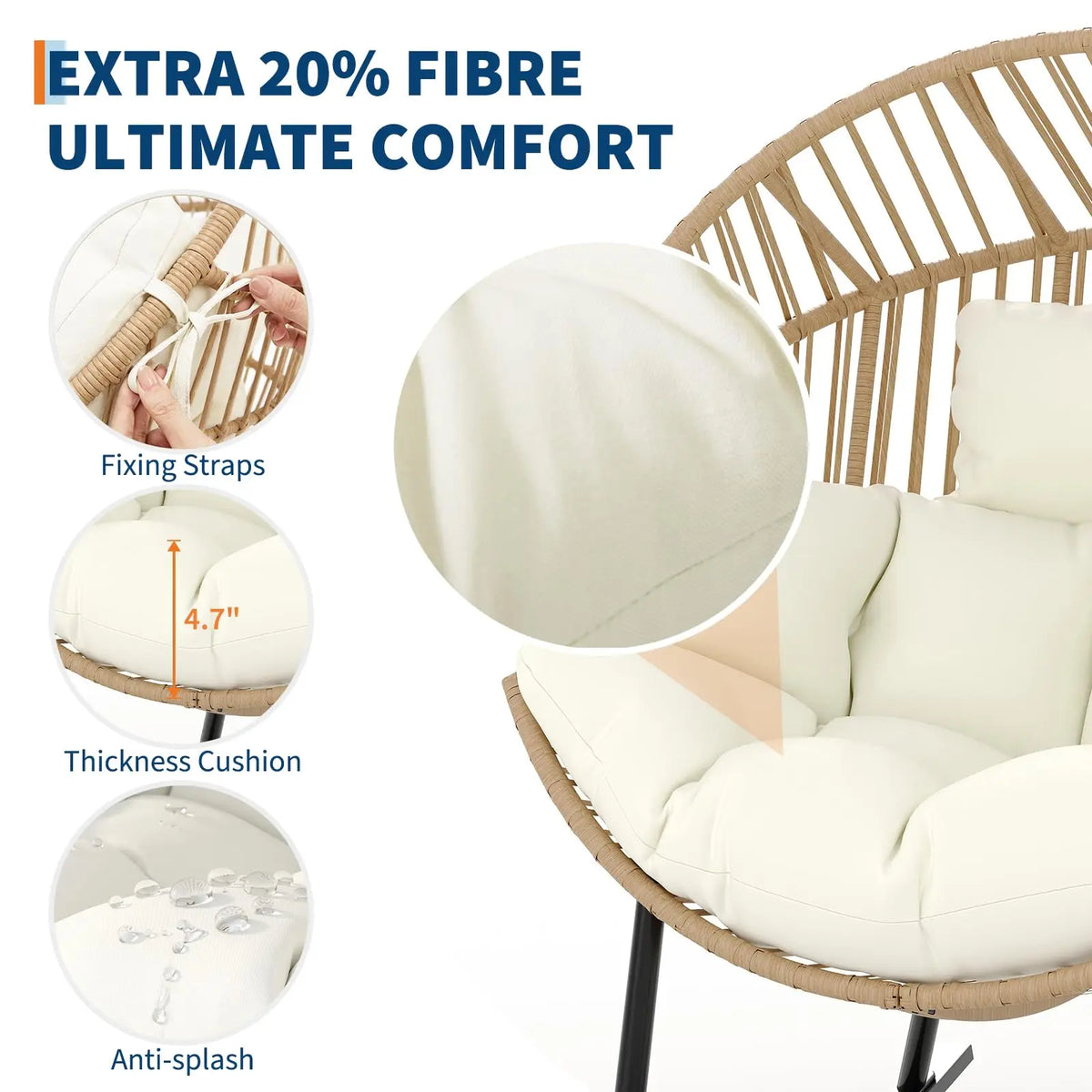 Papasan Rocking Chair Oversized Wicker Egg Lounge Seat With Soft 8'' Cushion, Ergonomic Rocker For Indoor Outdoor Patio Backyard