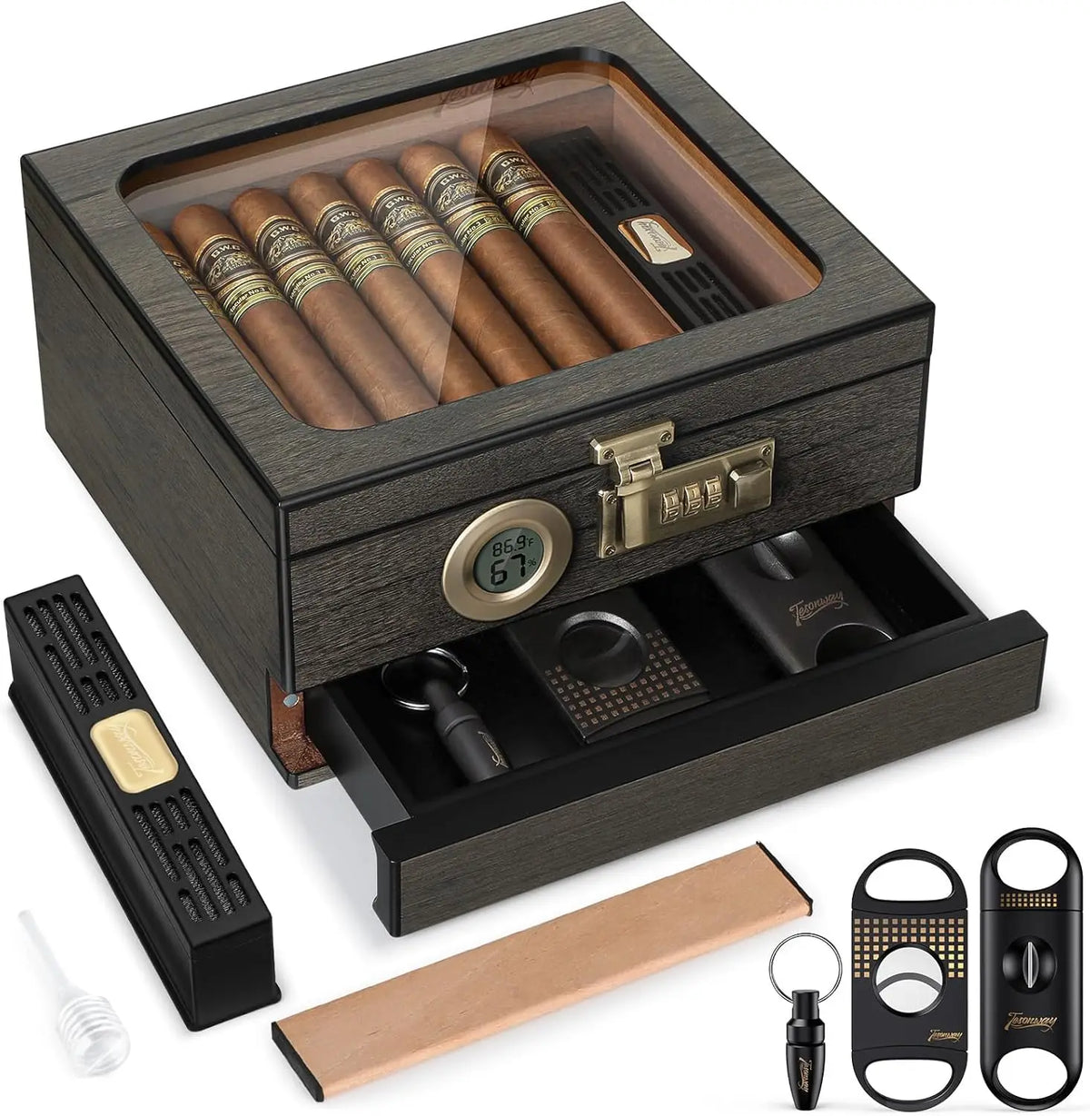 Tesonway Cedar Wood Cigar Humidor Box With Glass Top