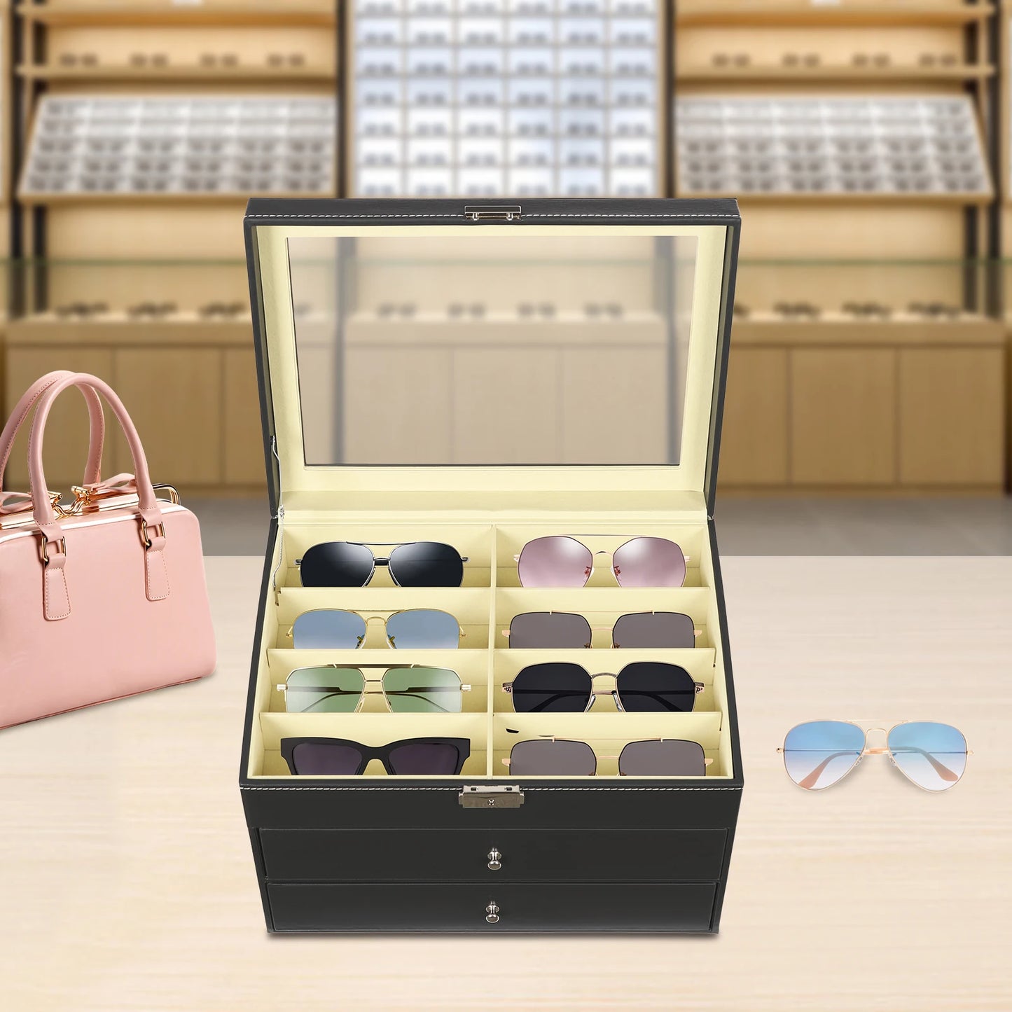 3 Layer Leather Sunglass Organizer Box Drawer Holds 24 Sunglasses