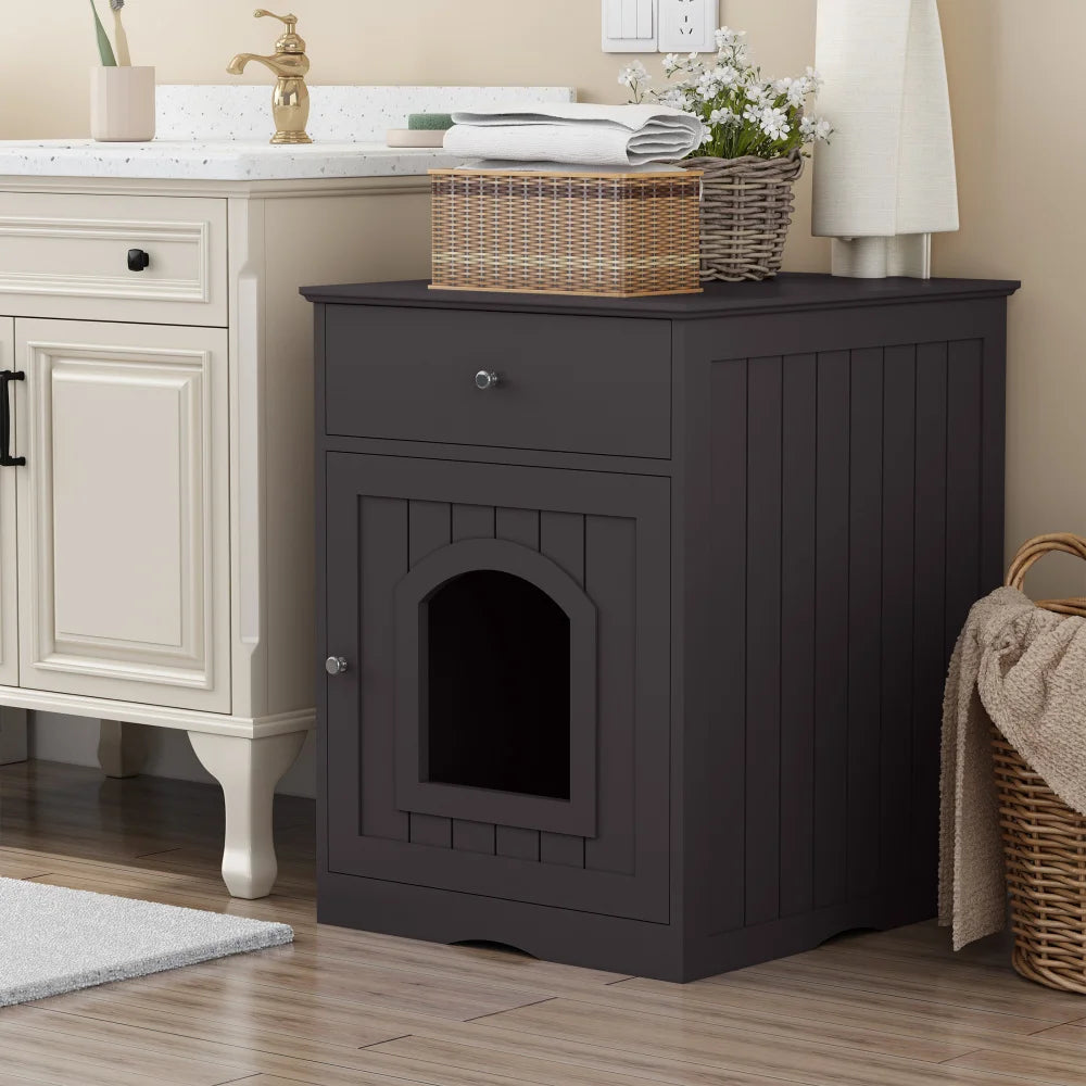 Wooden Cat Litter Box Enclosure and Indoor Pet House, Solid Wood White Cat Home with Drawer, Side Table and Nightstand Design, Furniture-Style Indoor Pet Crate and Hidden Litter Box Cabinet for Home Pet Areas, Living Rooms an