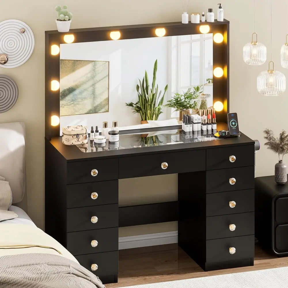 42.1 Vanity with Large Mirror and 10 LED Lights, Vanity Desk with Glasstop, 11 Drawers with Crystal Handles, Dressing Table wit