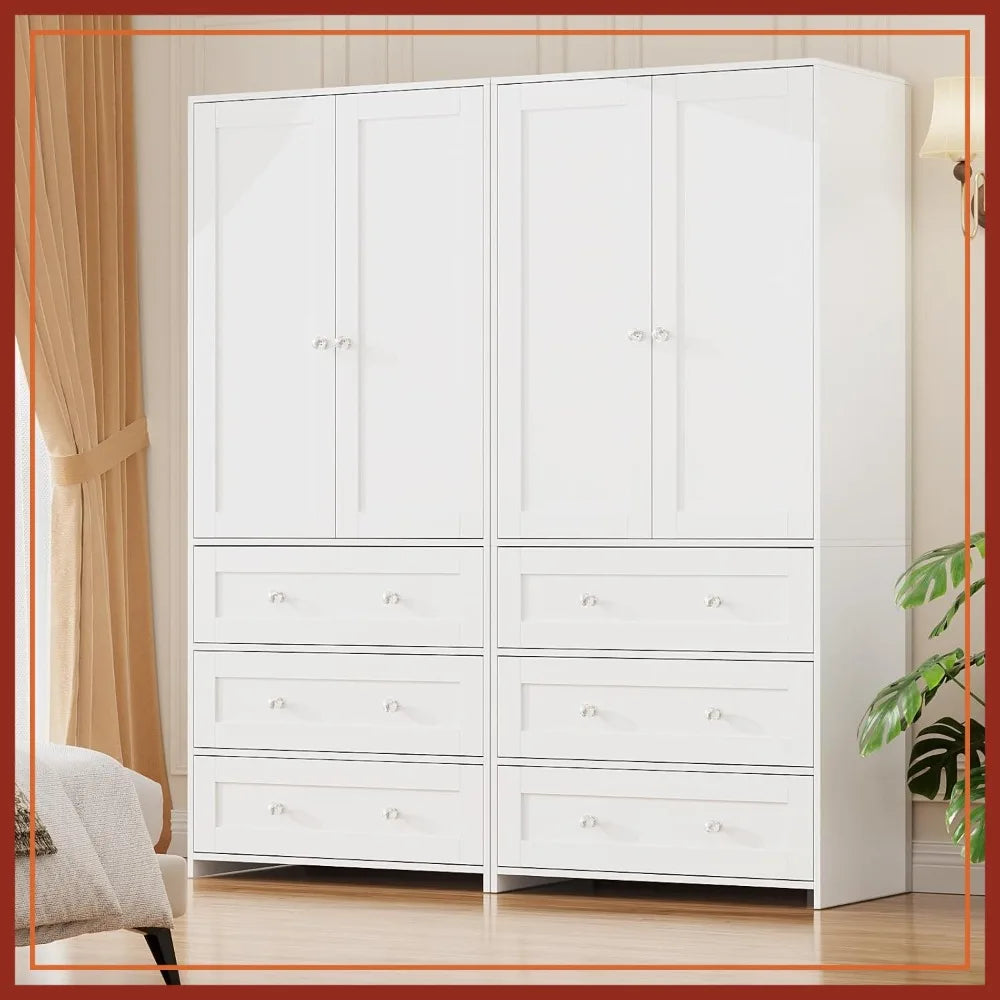 71" Wardrobe Closet with Mirror & Drawers, Large Storage Cabinet with Hanging Rod, 2 Doors, Wooden, for Bedroom