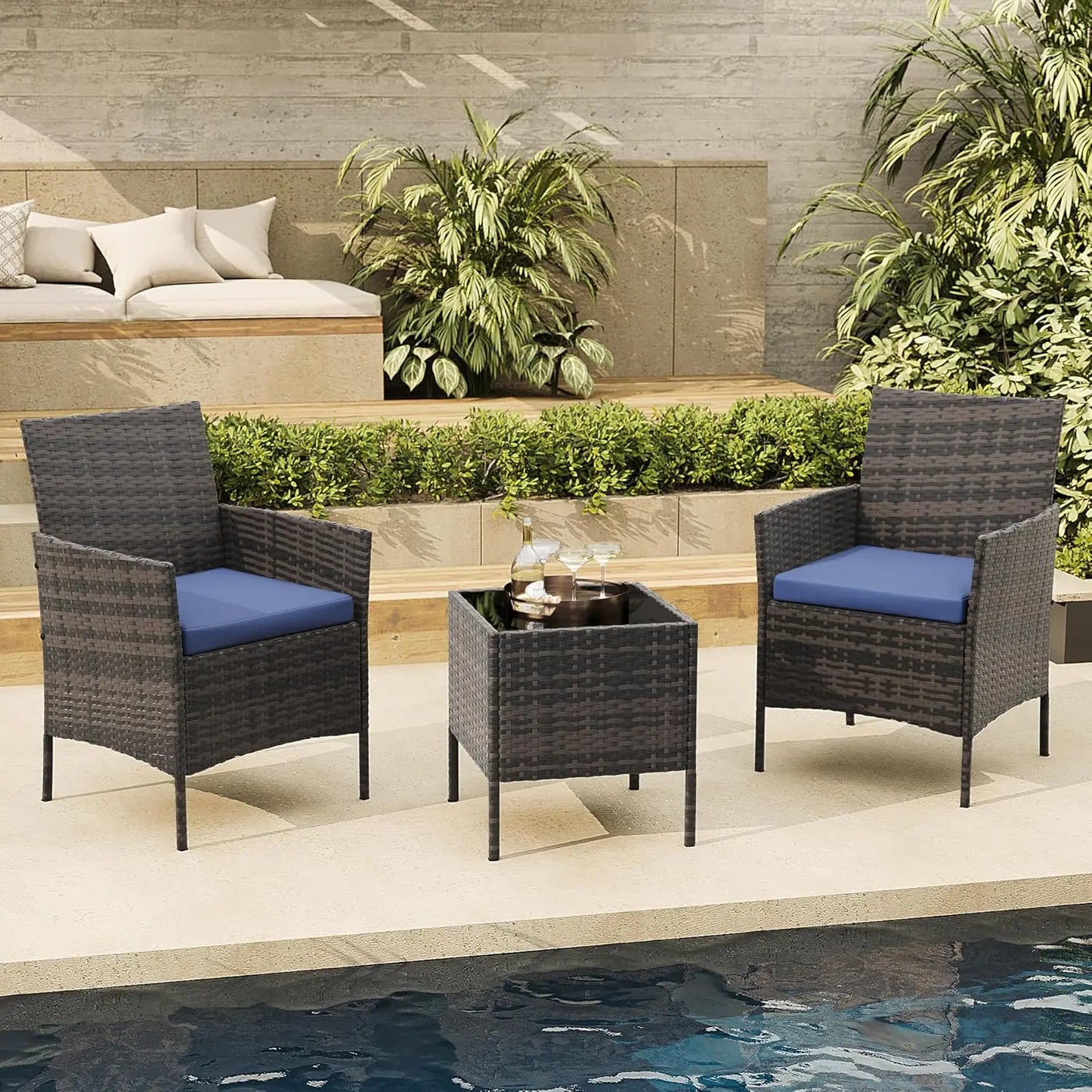 HiMISS All Weather 3 Piece Patio Set With Rattan Chairs
