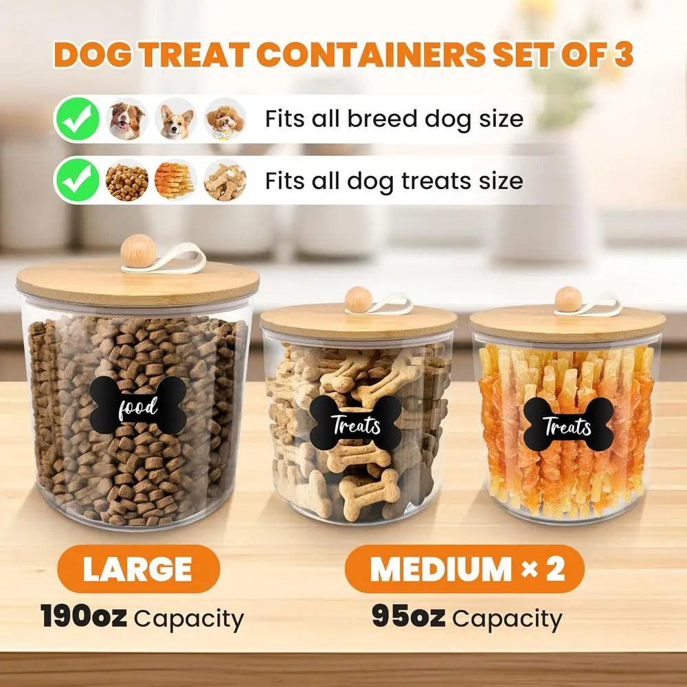 3 Pack Airtight Dog Treat Containers with Bamboo Lids, Treat Jars with Scoops, Clamps, Labels, Marker, Treat Holder