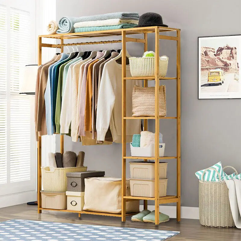 BINGOPAW Bamboo Wood Clothing Rack With Shelves And Hooks