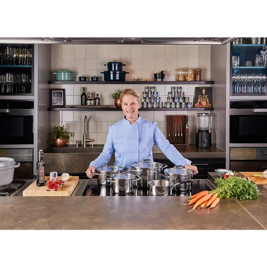 Cornelia Poletto 5-Piece Saucepan Set, Suitable for Induction Cookers, Stainless Steel, with Glass Lid, with Silicone Handles, S